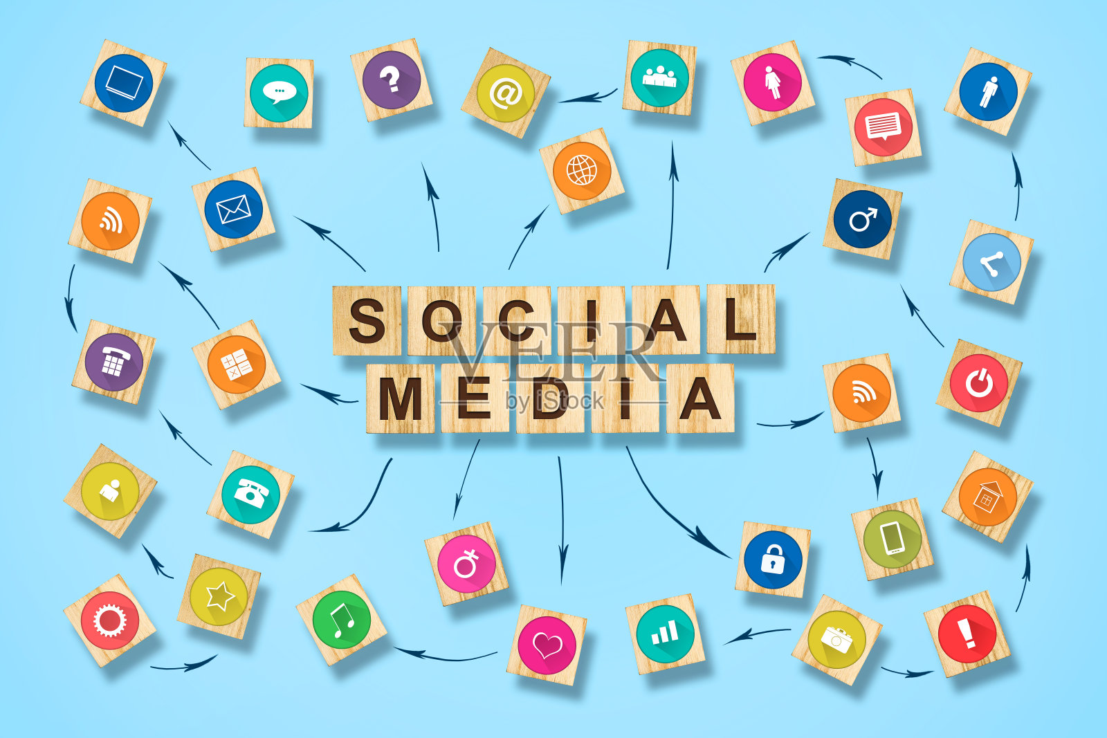 社交媒体概念与社会图标的木块。蓝色背景。照片摄影图片