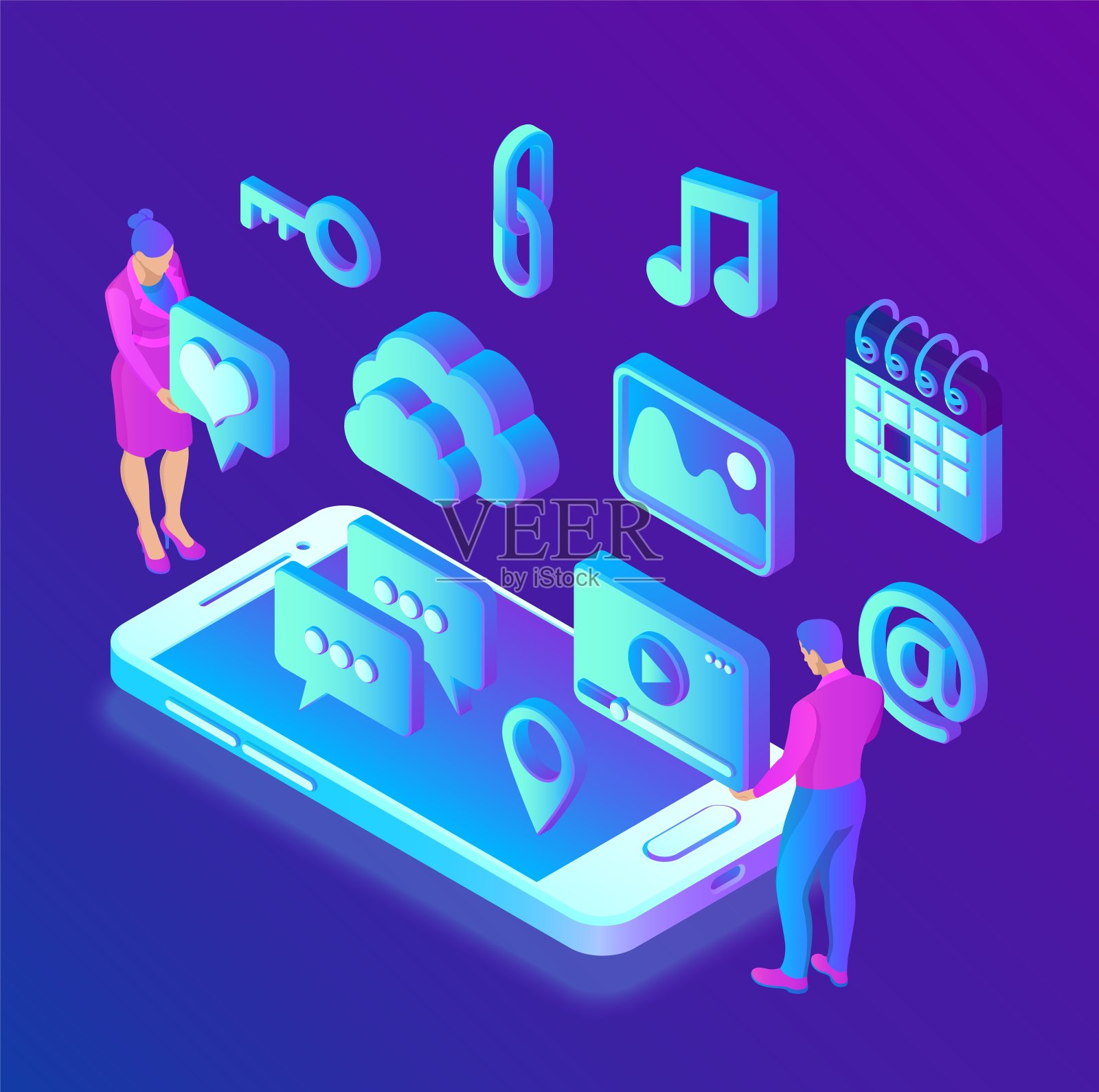 智能手机上的社交媒体应用。社交媒体3d等距图标。手机应用程序。为移动,Web,装饰,应用程序创建。矢量插图信息图形模板与人和图标。图标素材