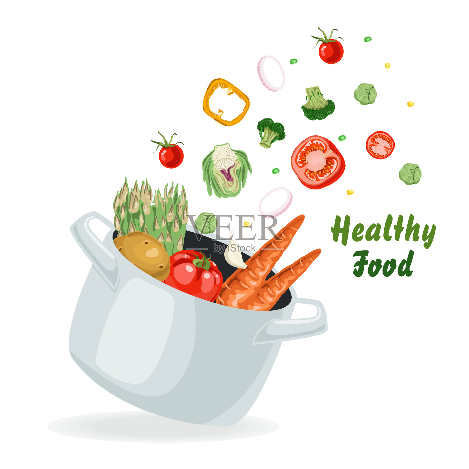 蔬菜飞进锅里。插画图片素材