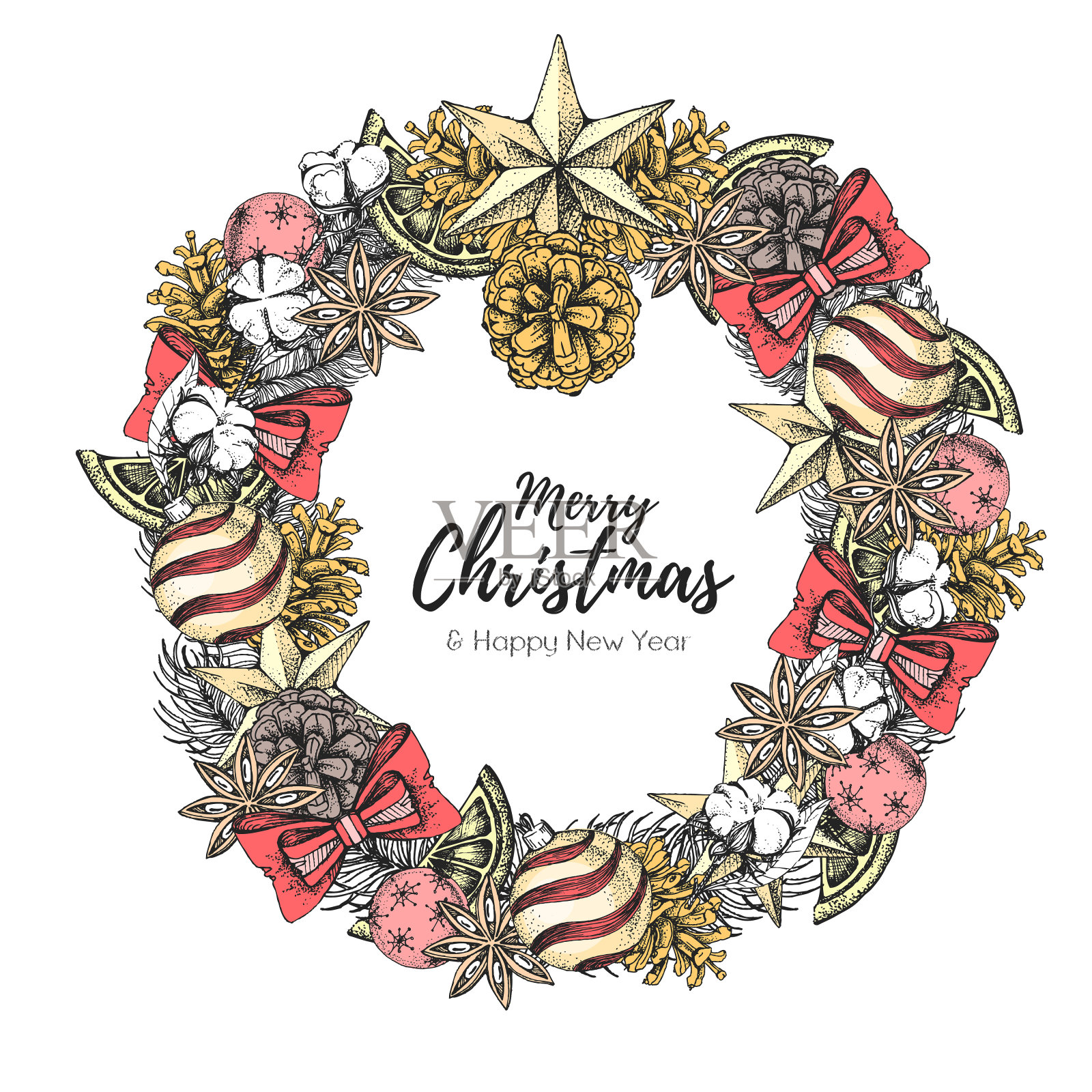 圣诞节概念设计。圣诞假期装饰花环。手绘矢量插图插画图片素材