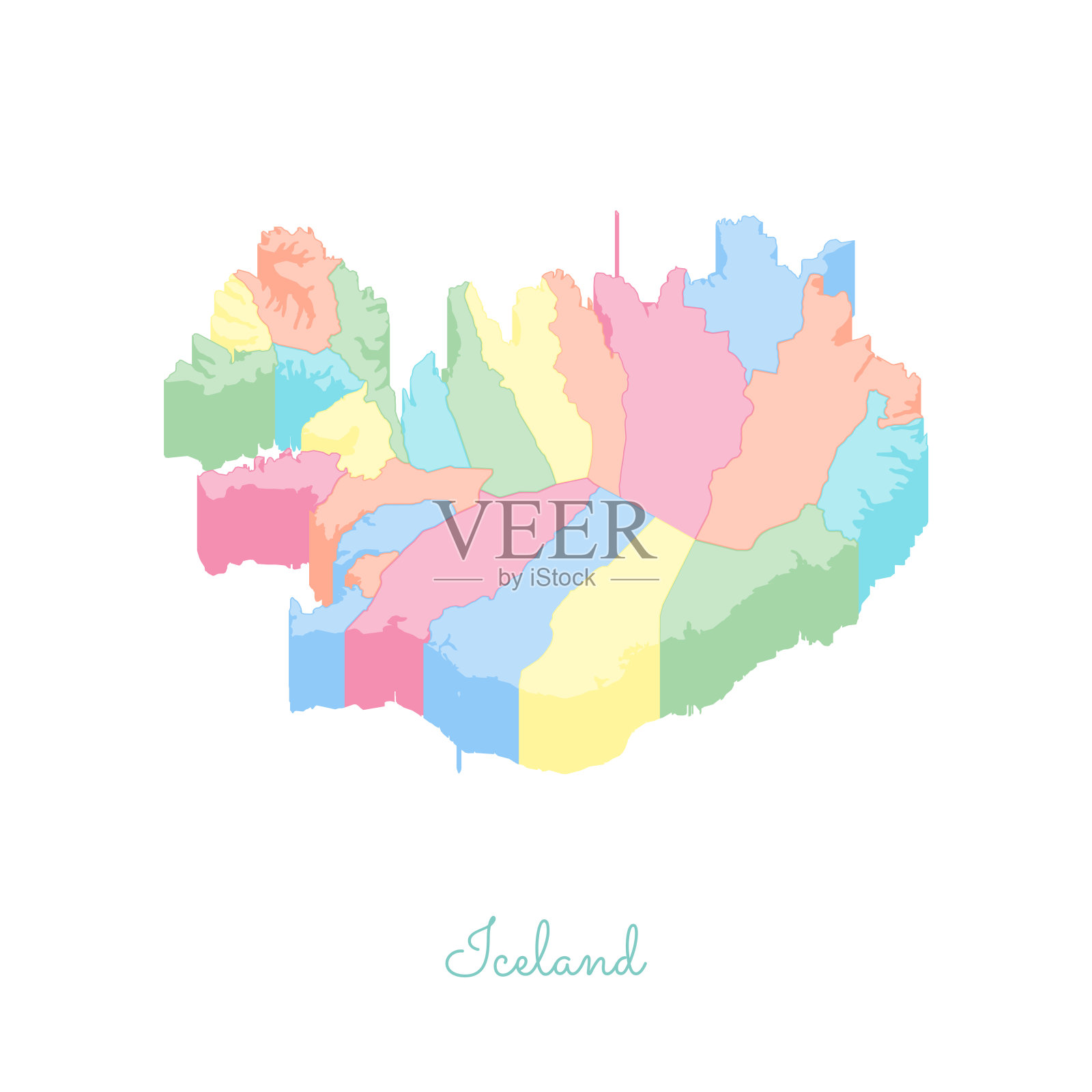 冰岛地区地图:彩色等距俯视图。插画图片素材