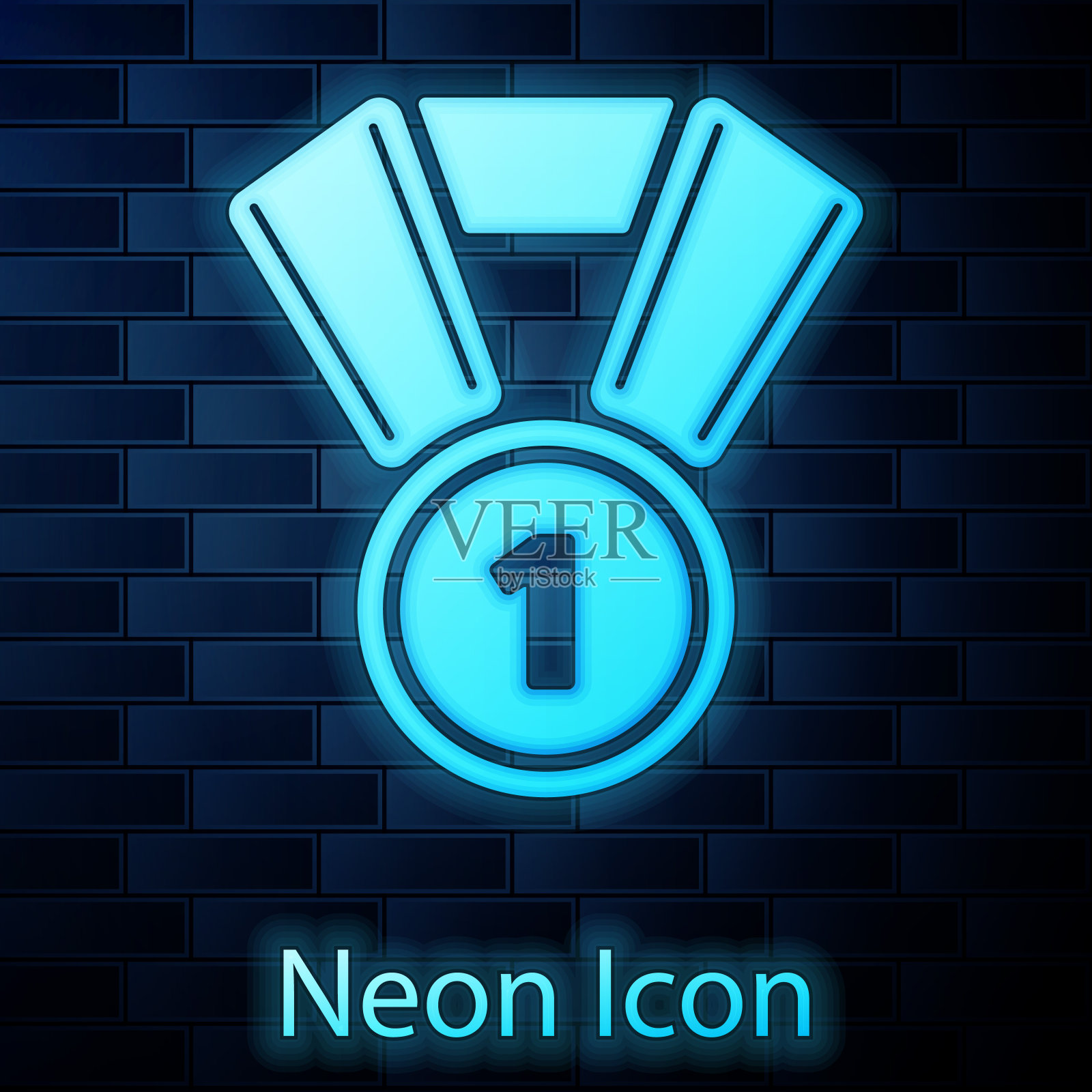 发光的霓虹灯勋章图标孤立在砖墙的背景上。赢家的象征。矢量图插画图片素材