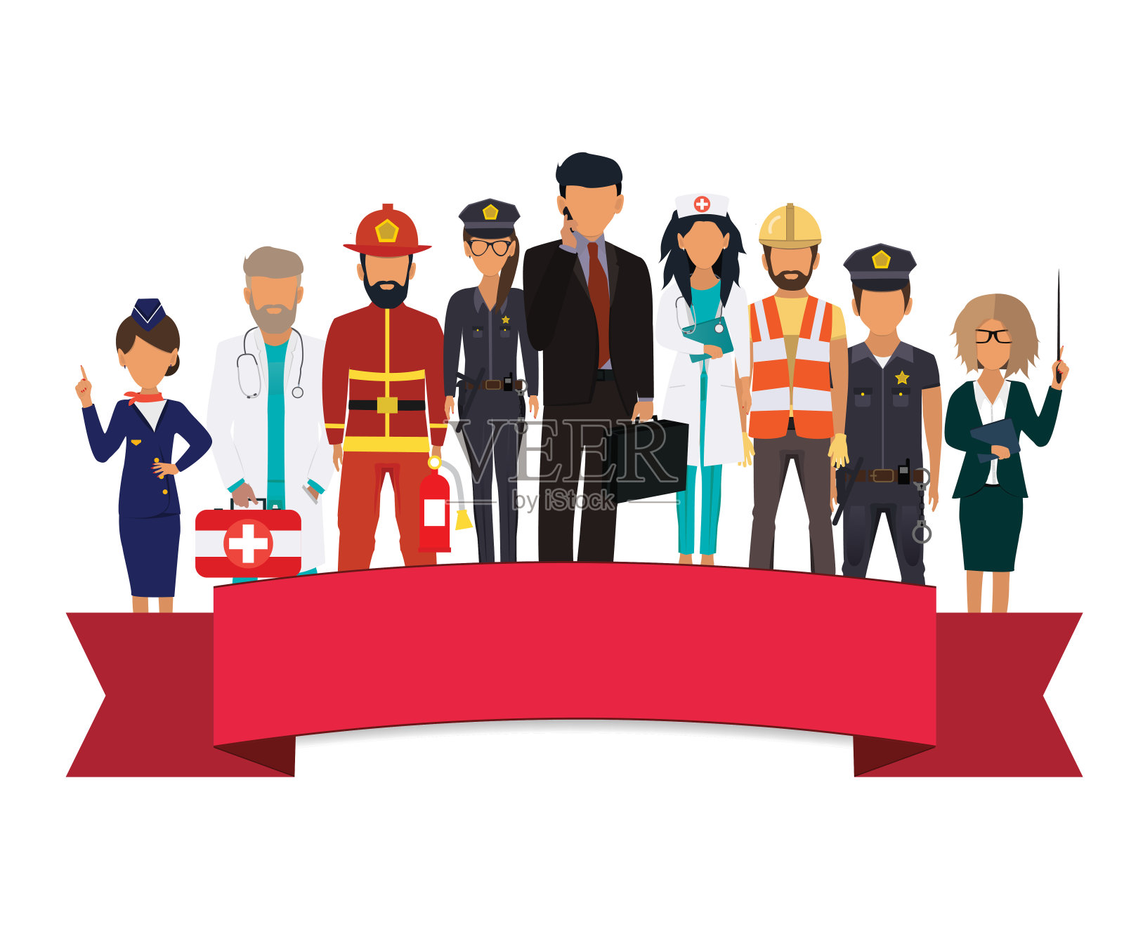 国际劳动节用丝带。不同职业的人站在白色的背景上。设计印刷贺卡,销售旗帜,海报。矢量插图在一个平坦的风格插画图片素材