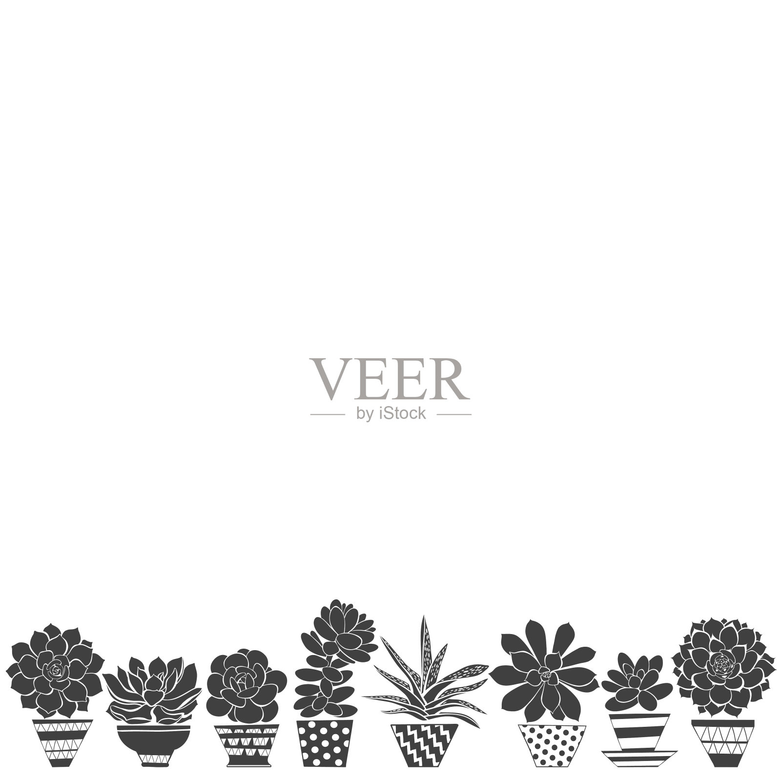 手绘矢量背景与多肉植物在花盆和空间的文本。黑色和白色。插画图片素材