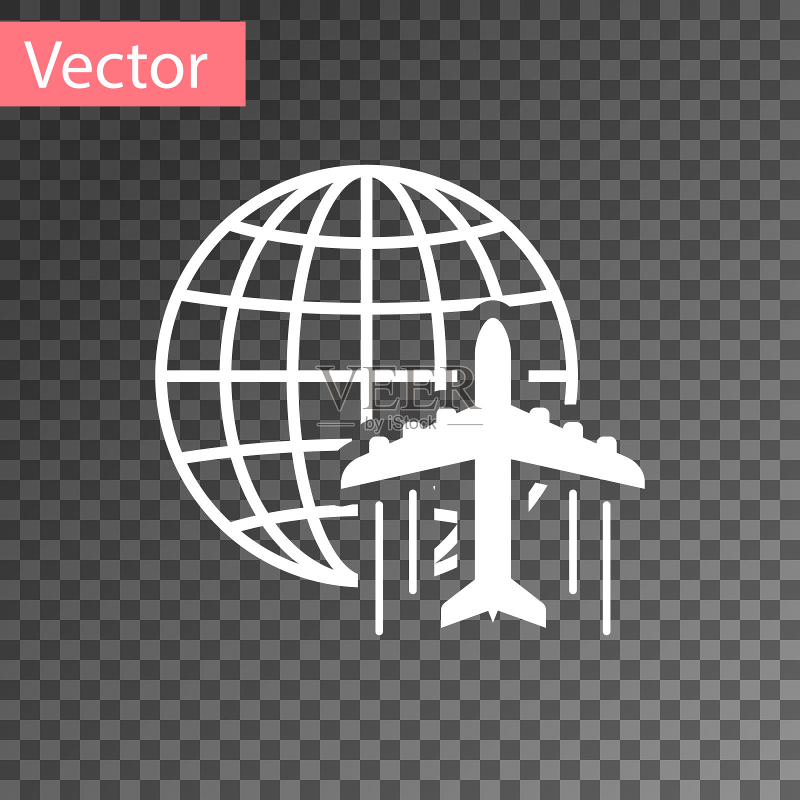 白色地球仪与飞行飞机图标隔离在透明的背景。飞机绕着地球飞行。飞机世界图标。矢量图插画图片素材