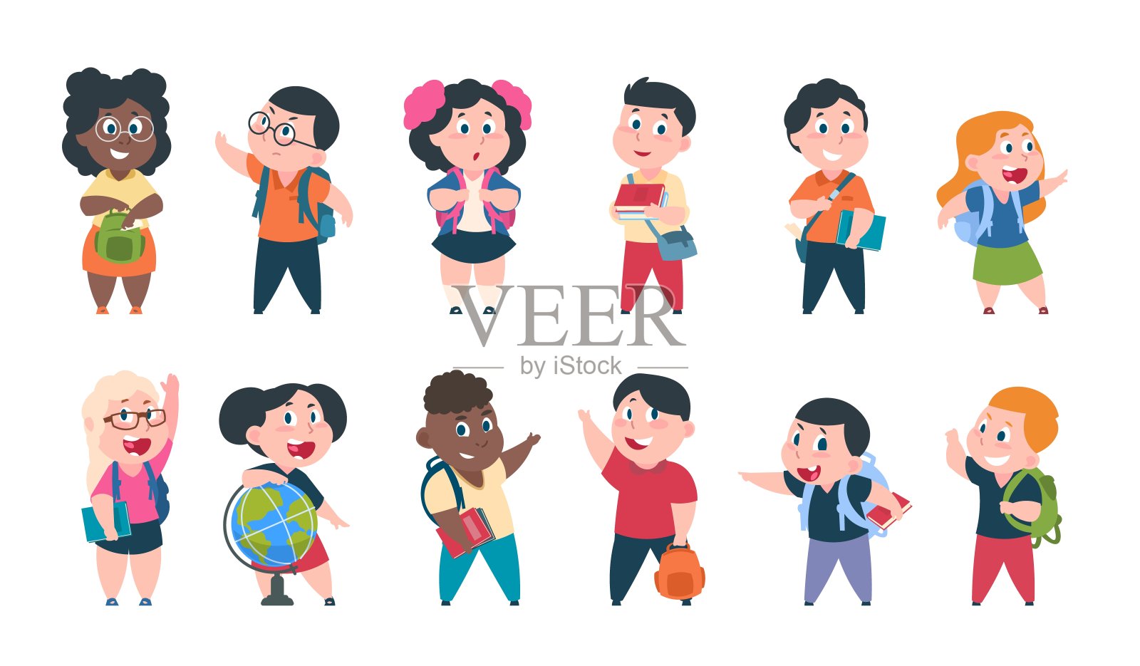 1903. m30.i010.n001.s.c12.1022907757学校的孩子。卡通儿童与书籍和学校用品,快乐可爱的男孩和女孩小学生的角色。向量学习教育集插画图片素材