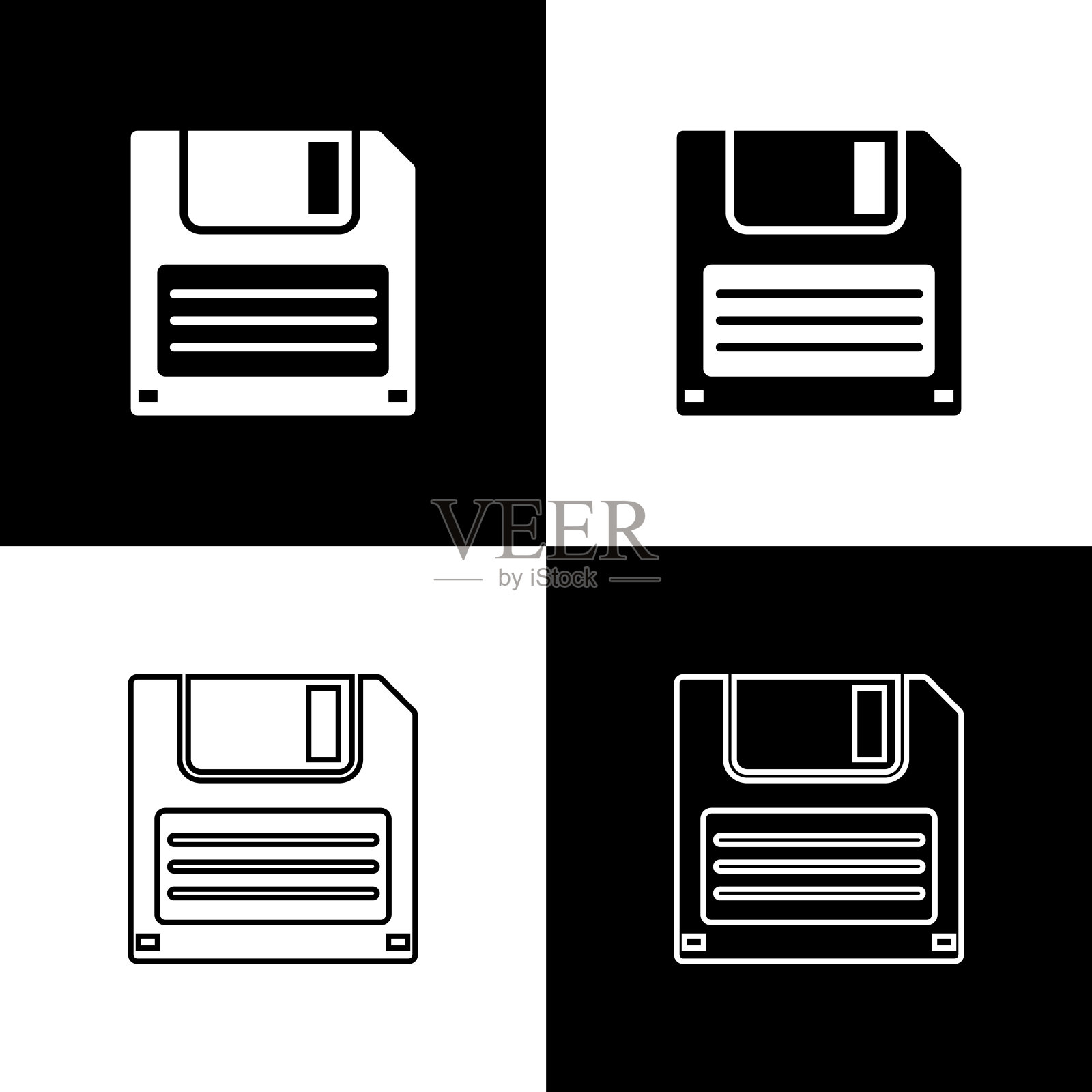 将软盘设置为计算机数据存储图标隔离在黑白背景上。软盘的迹象。线条,轮廓和线性图标。矢量图图标素材