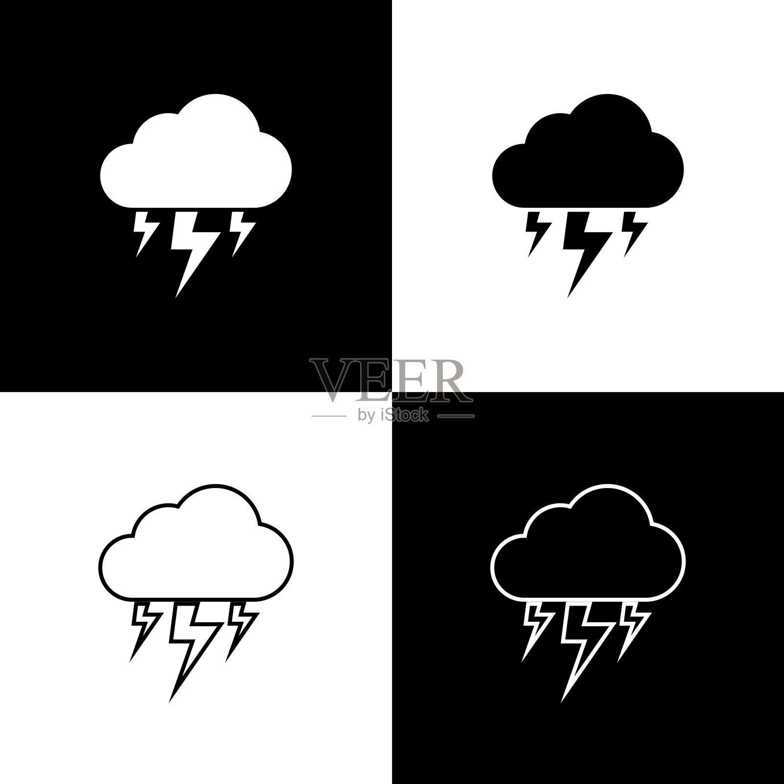 设置风暴图标孤立的黑色和白色背景。云和闪电的标志。风暴的天气图标。线条,轮廓和线性图标。矢量图插画图片素材