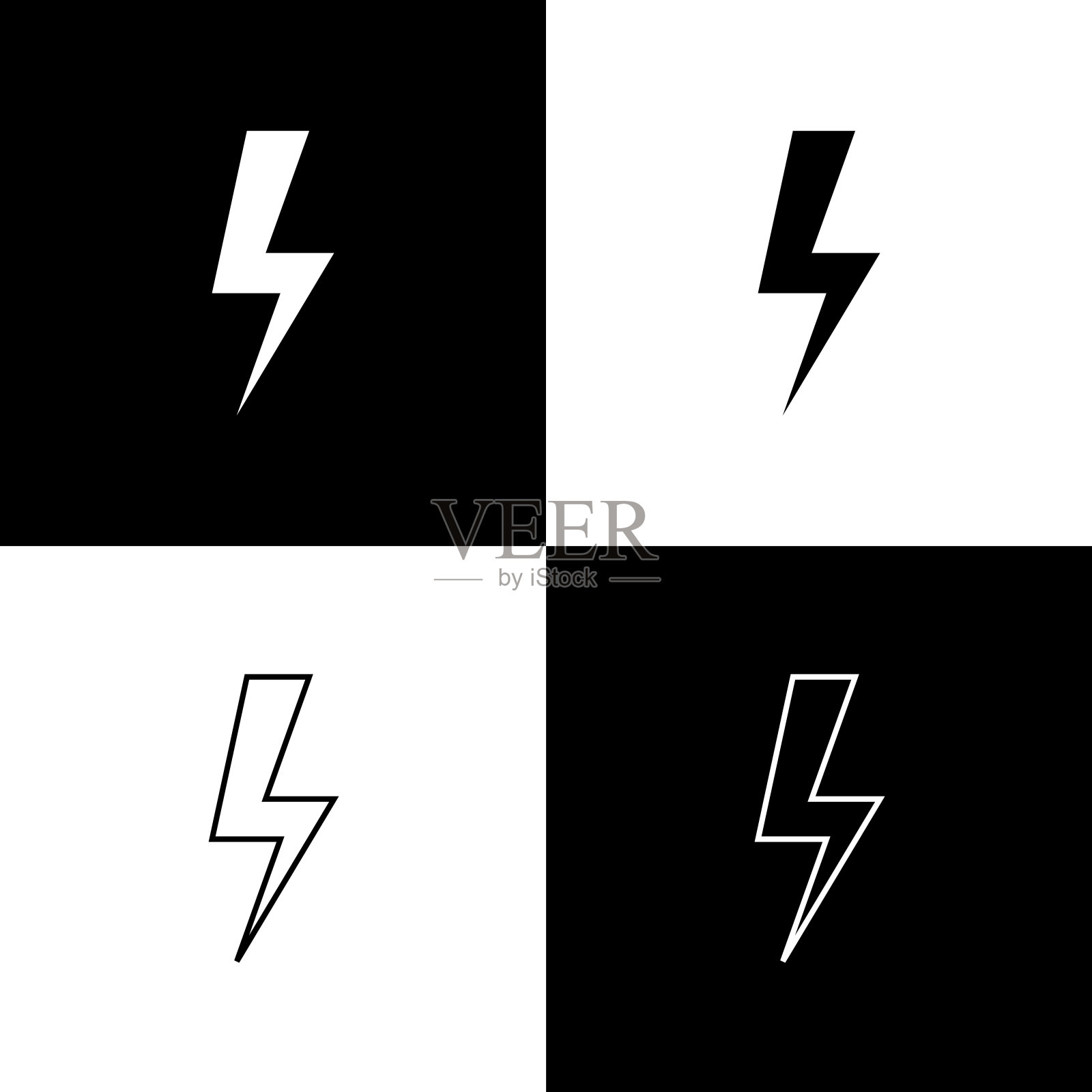 设置闪电螺栓图标孤立的黑色和白色背景。闪电图标。闪电图标。雷击。照明罢工。线条,轮廓和线性图标。矢量图插画图片素材