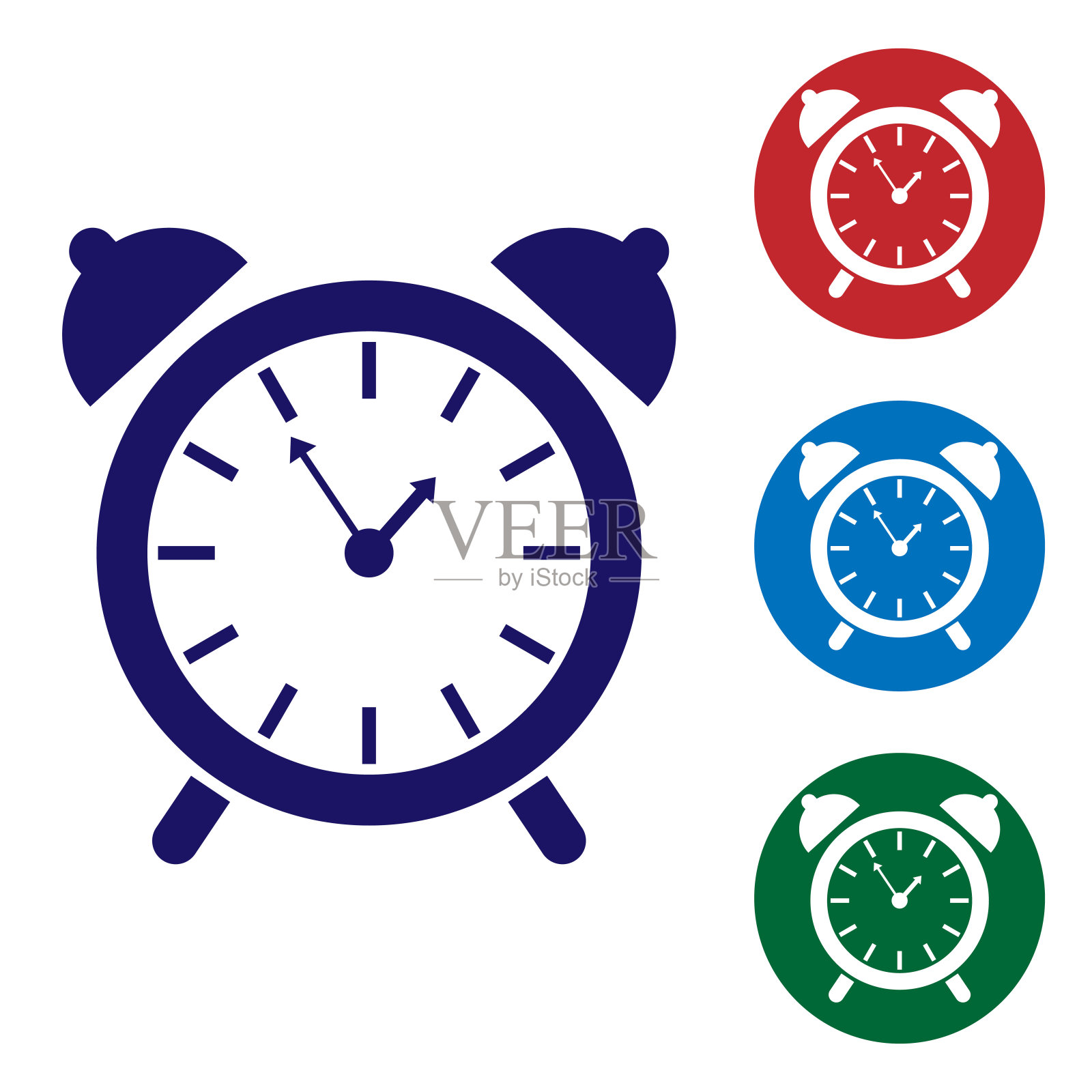 蓝色闹钟图标隔离在白色背景。醒醒,起床的概念。时间信号。设置圆形按钮中的颜色图标。矢量图图标素材