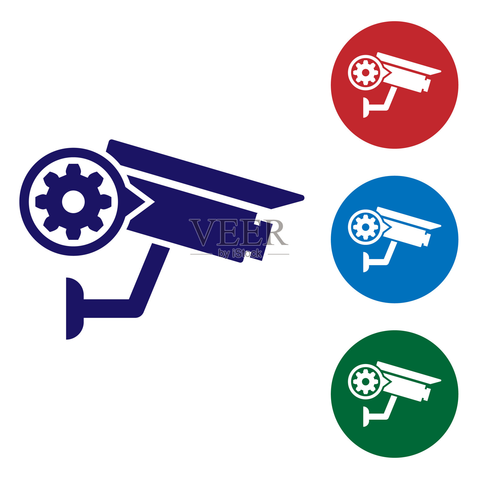 蓝色安全摄像头和齿轮图标隔离在白色背景。调整app,服务理念,设置选项,维护,维修,固定。设置圆形按钮中的颜色图标。矢量图插画图片素材