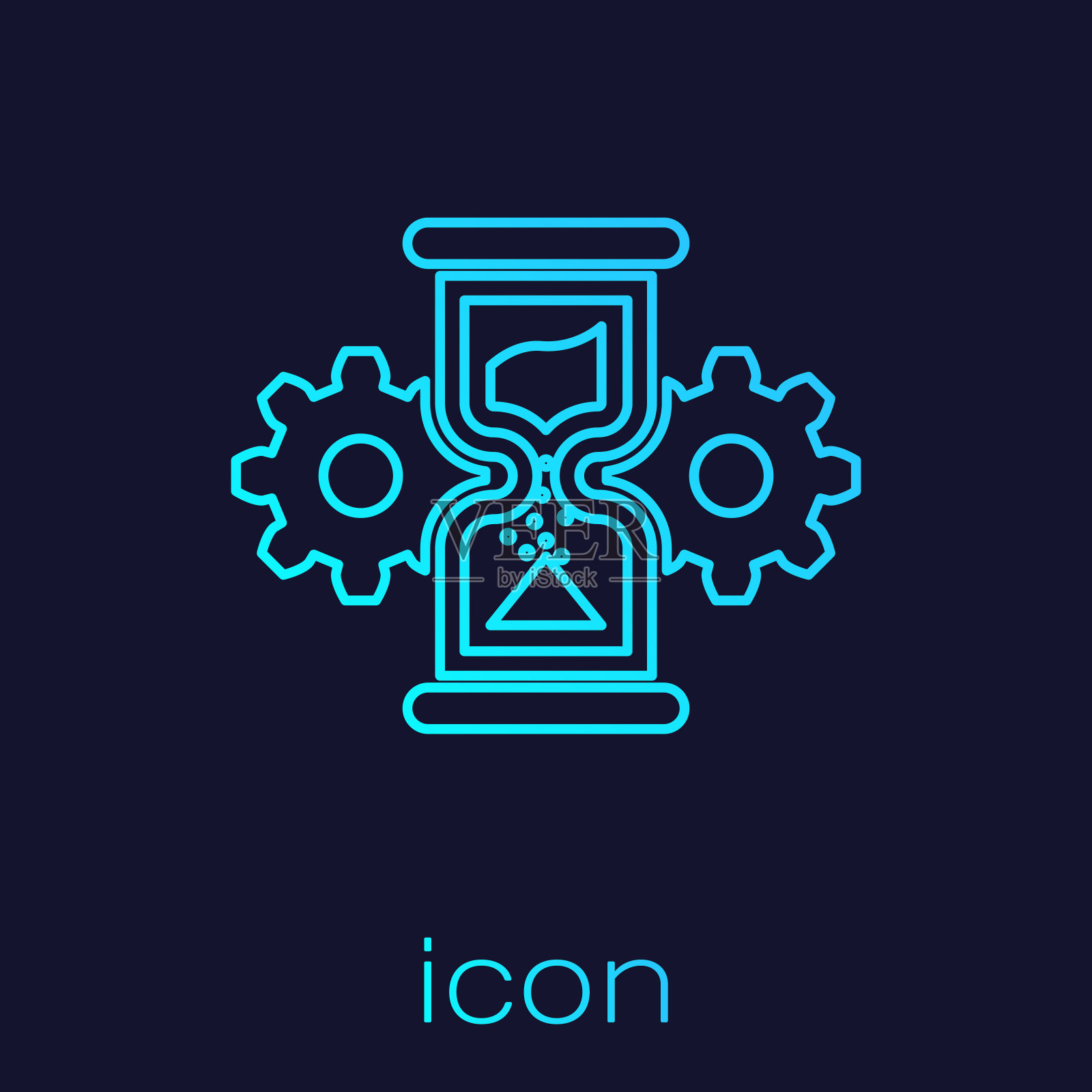 绿松石沙漏和齿轮线图标孤立在蓝色背景。时间管理的象征。时钟和齿轮图标。经营理念。矢量图图标素材