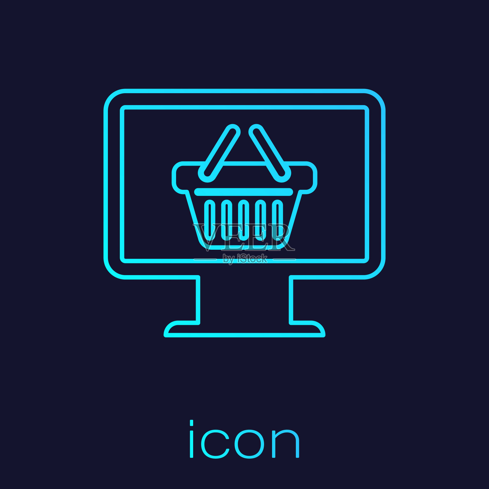 绿松石电脑显示器与购物篮线图标隔离在蓝色背景。在线购物车。超市篮的象征。矢量图图标素材