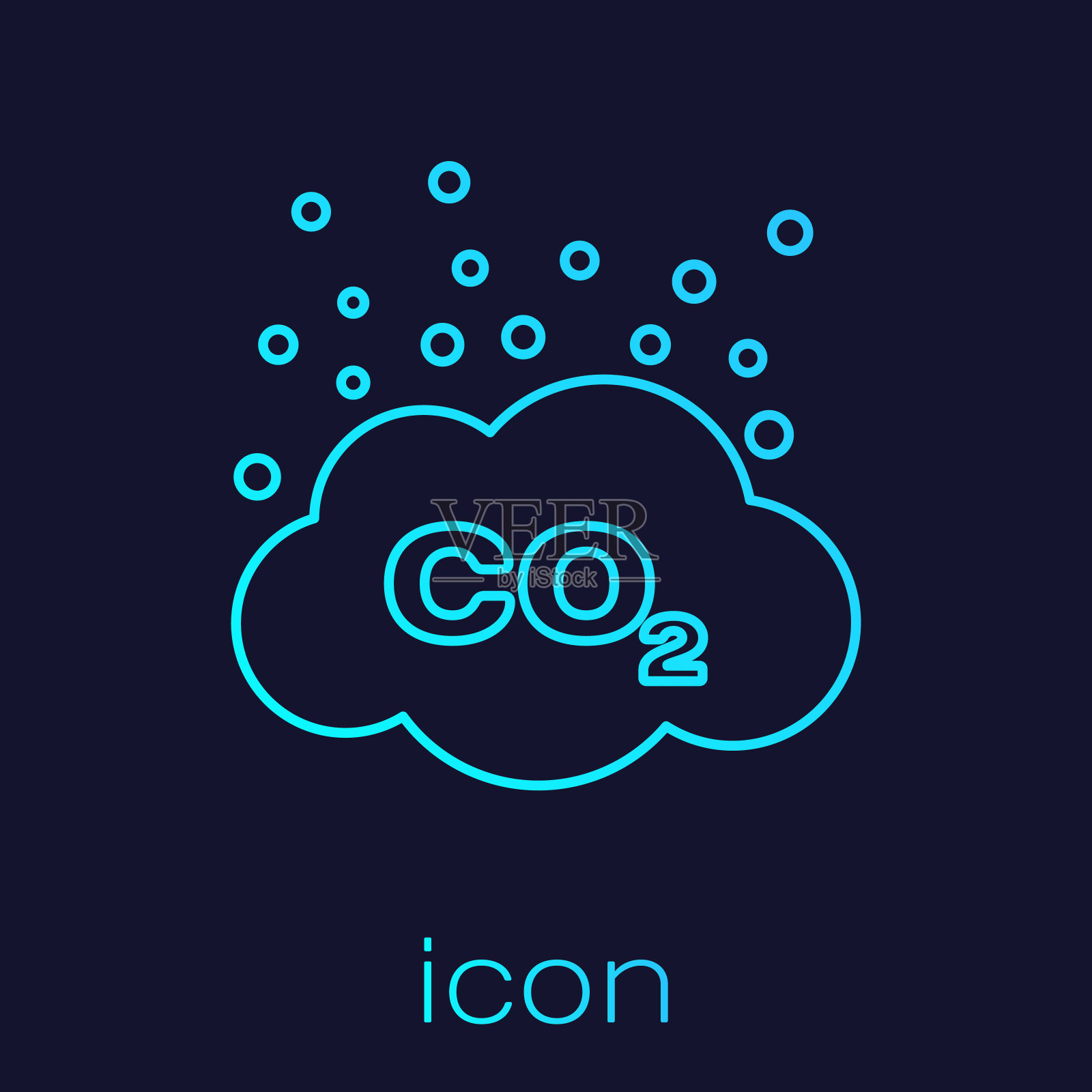 蓝绿色的二氧化碳排放量在云线图标孤立在蓝色背景。二氧化碳公式符号,烟雾污染概念,环境概念。矢量图图标素材