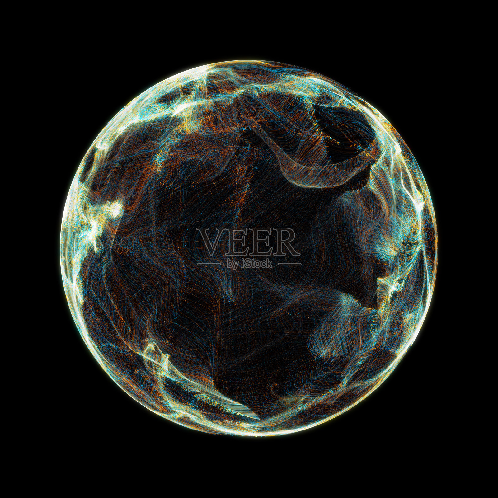 抽象粒子球,科学背景。虚拟流大二进制数据可视化。照片摄影图片