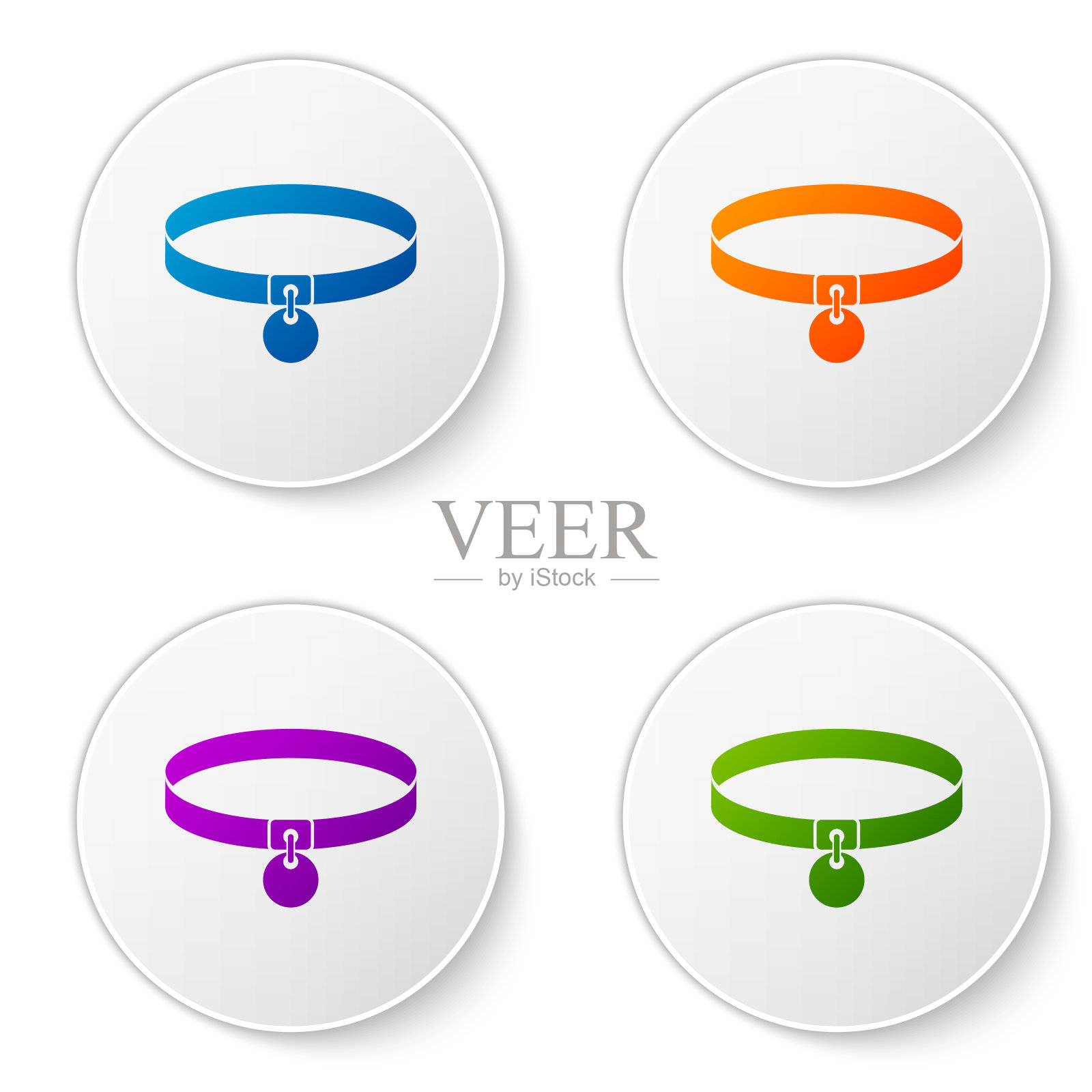 颜色领与姓名标签图标孤立在白色背景。简单的家畜用品。照顾猫和狗。宠物连锁店。在圆形按钮中设置图标。矢量图图标素材