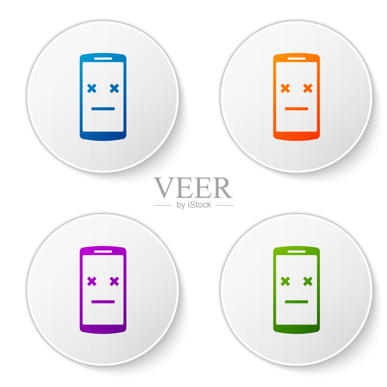 颜色死电话图标孤立在白色背景。已故的数字设备表情符号。尸体智能手机显示面部表情。设置圆形按钮中的颜色图标。矢量图图标素材