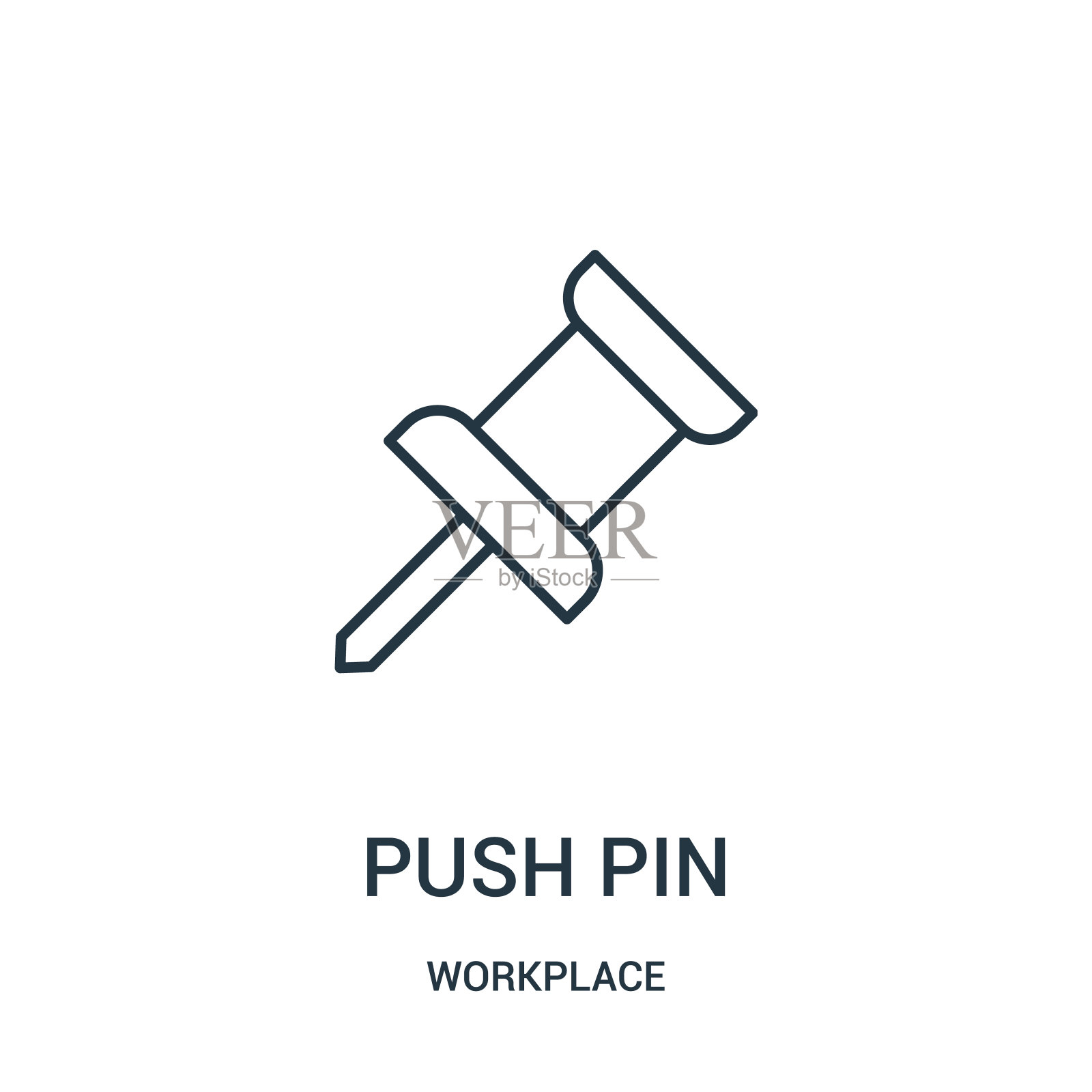 从工作场所集合推引脚图标矢量。细线推针轮廓图标矢量插图。图标素材