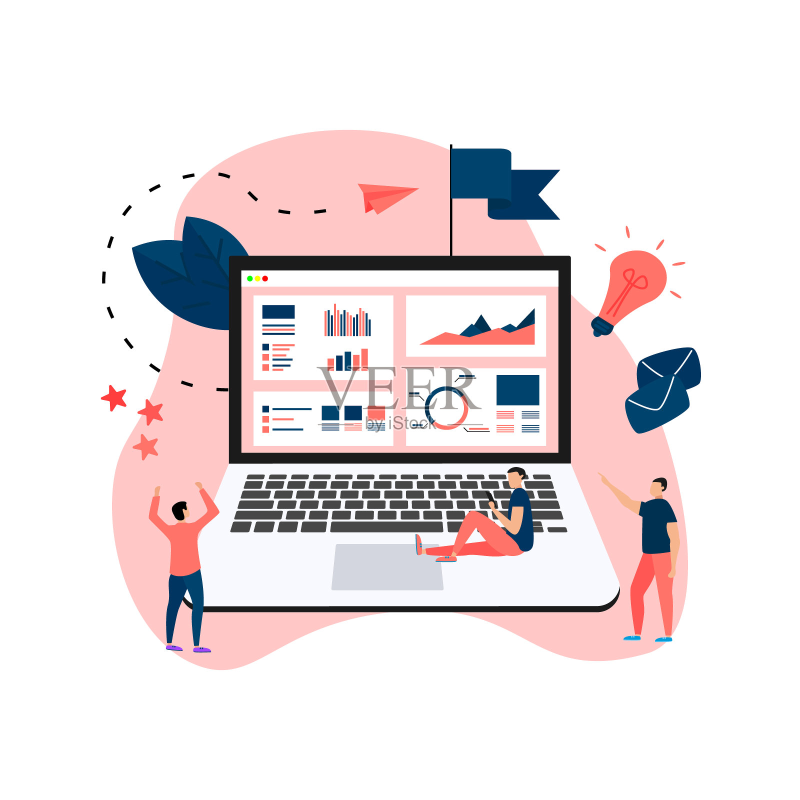 数据分析设计概念。图表,图表,统计在笔记本电脑。插画图片素材