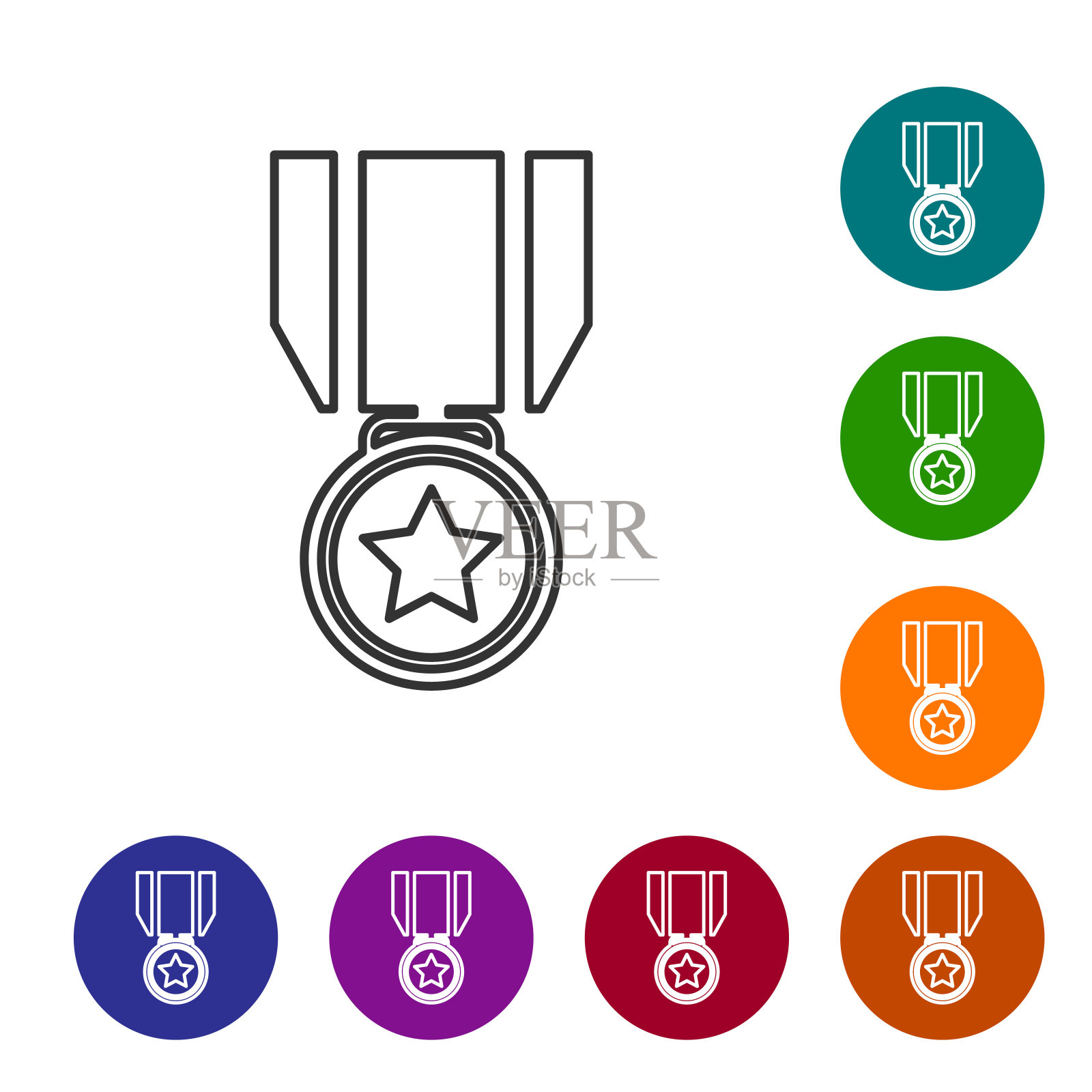 灰色奖章,星形线图标孤立在白色背景上。冠军成就的迹象。奖奖章。矢量图插画图片素材