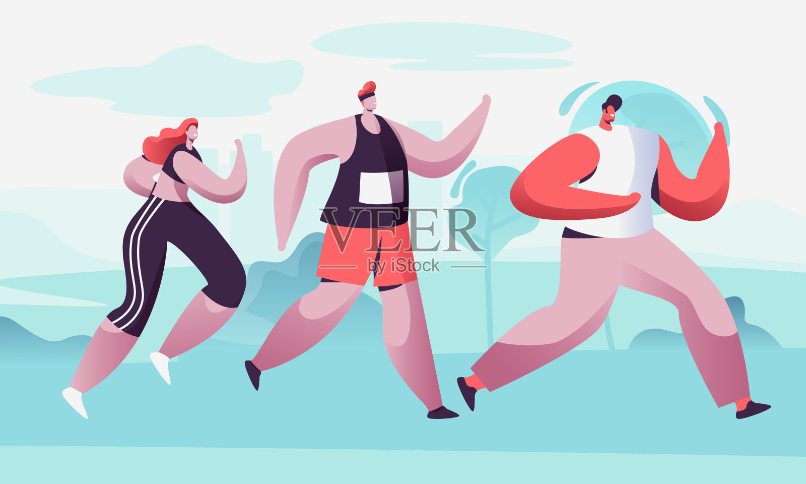 《跑马拉松》中的男女角色组。慢跑运动的竞争。运动员,短跑运动员,男女运动员跑马拉松,短跑比赛。卡通平面矢量插图插画图片素材