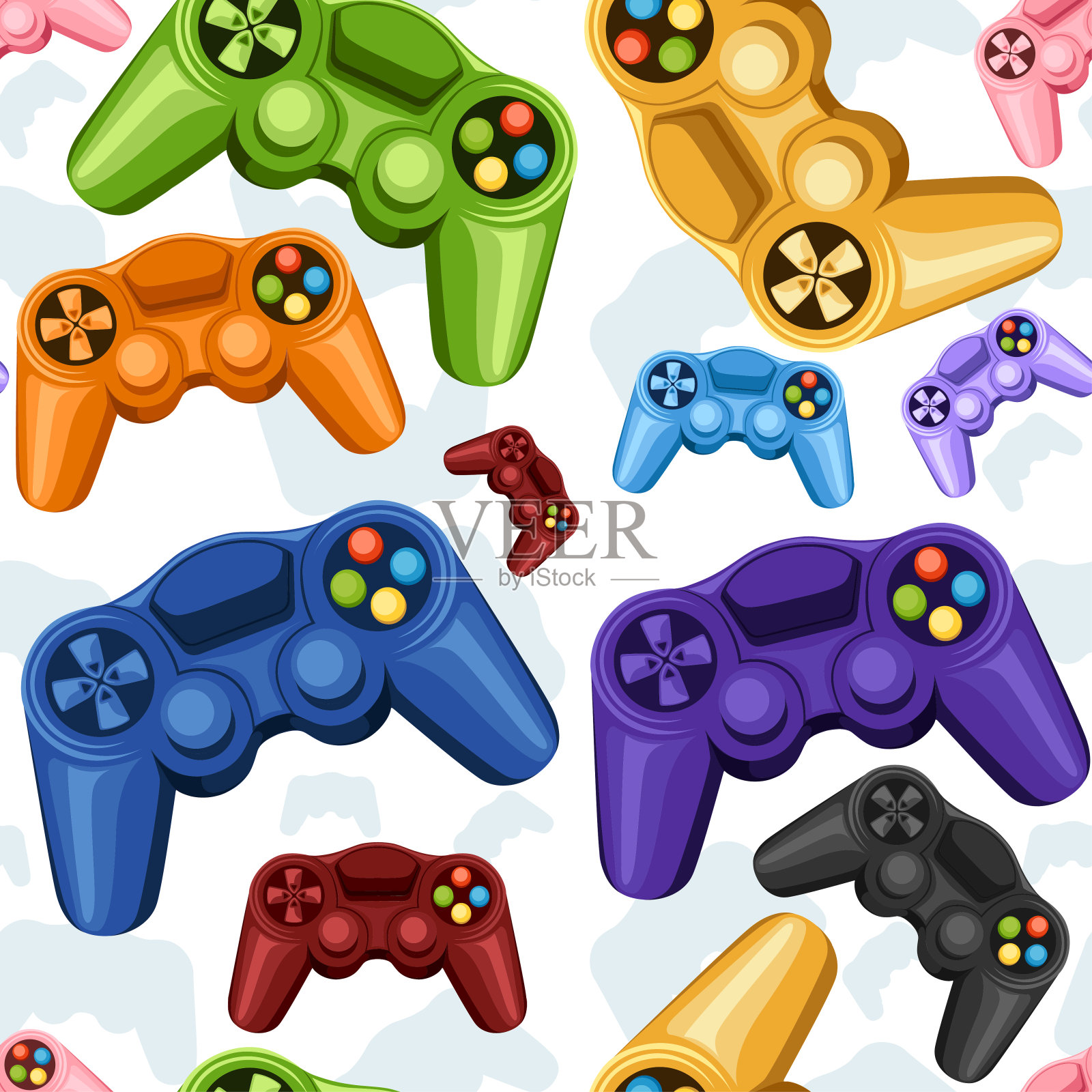 无缝模式。一套彩色的无线游戏垫。视频游戏控制器。用于PC或主机游戏的手柄。平面矢量插图上的白色背景设计元素图片