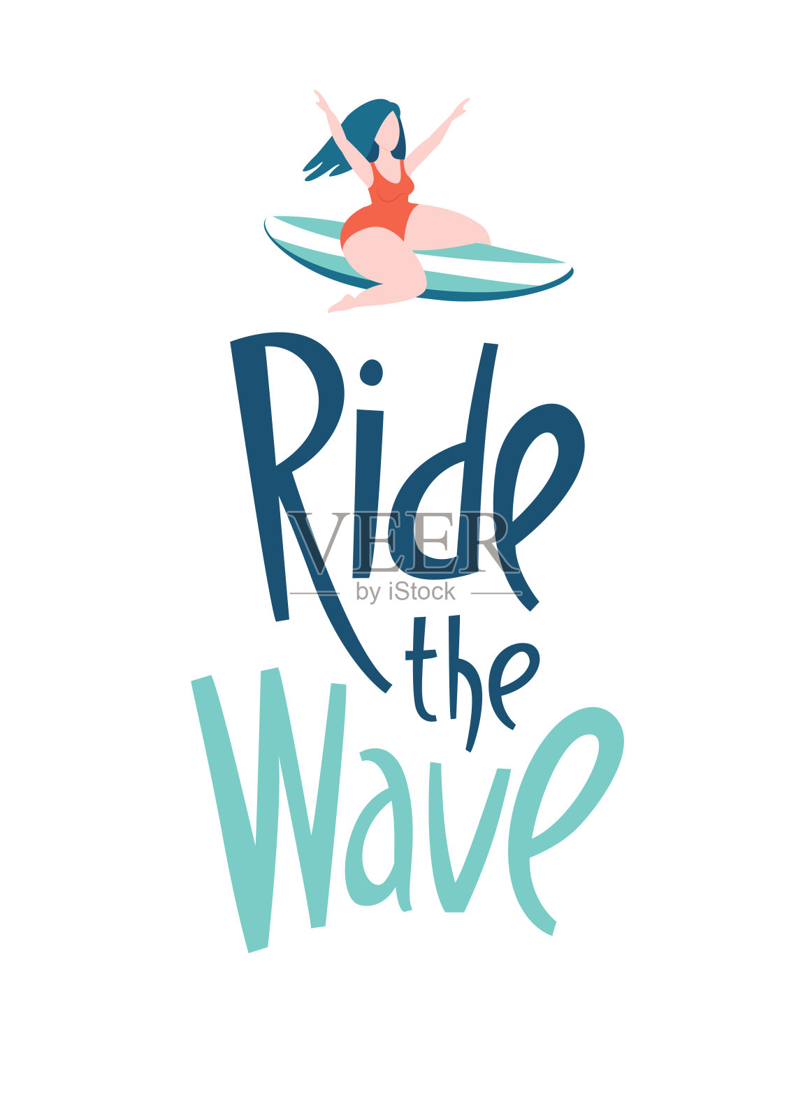 在海里冲浪的女孩。骑浪刻字。插画图片素材