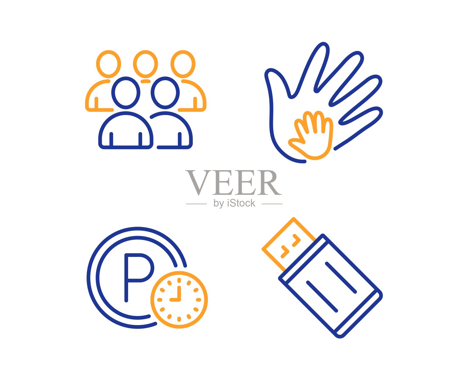 停车时间,团体和社会责任图标设置。Usb闪存标志。公园时钟,开发者,手。向量图标素材