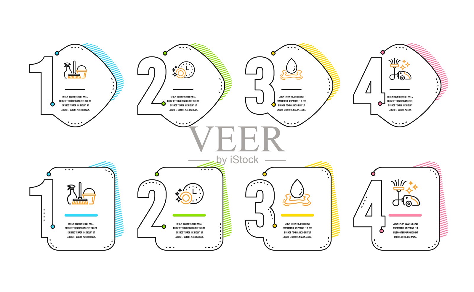 洗碗机定时器,水飞溅和家居服务图标设置。真空吸尘器的迹象。向量图标素材