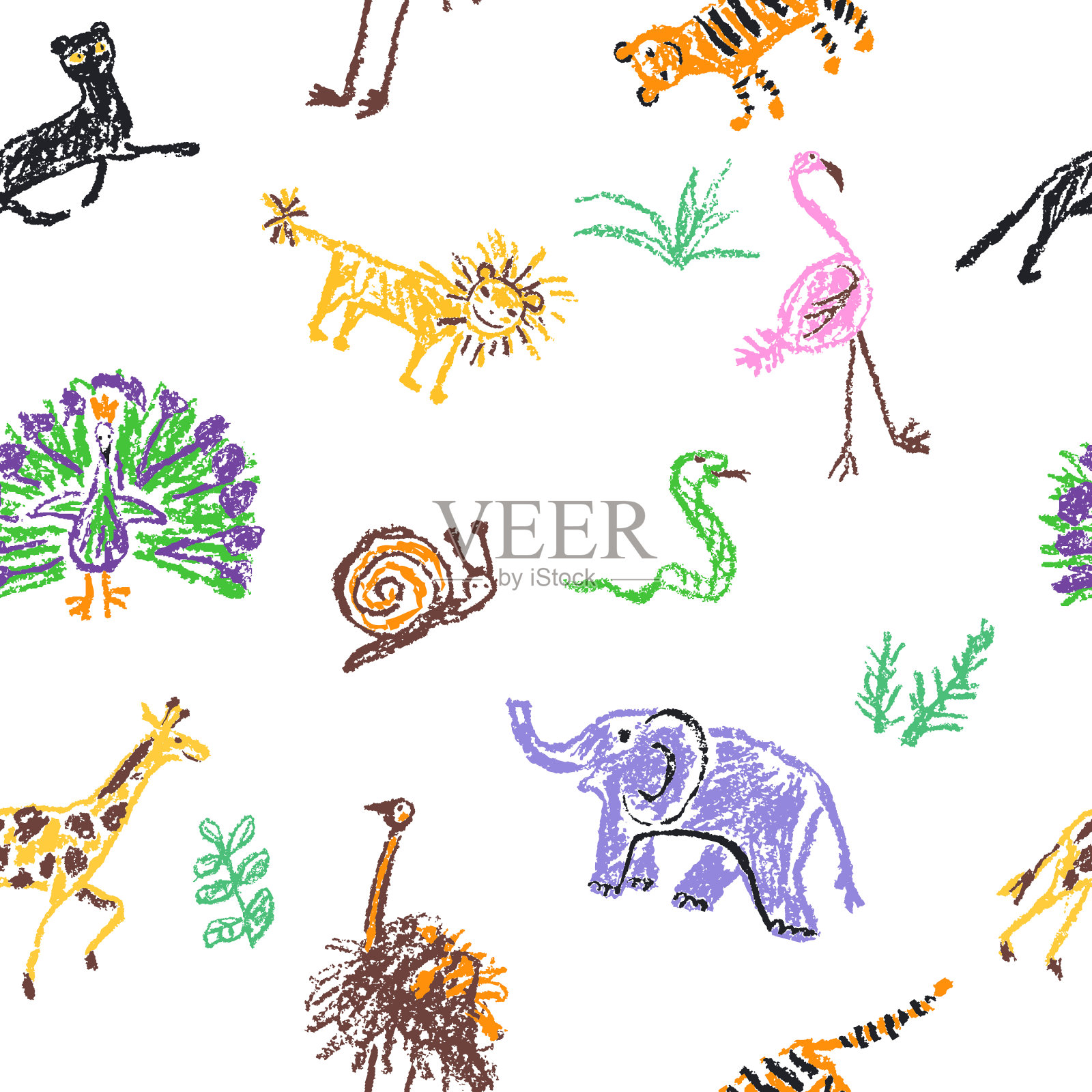野生动物无缝图案。蜡笔像孩子的手画长颈鹿,大象,狮子,豹子,孤立在白色。插画图片素材