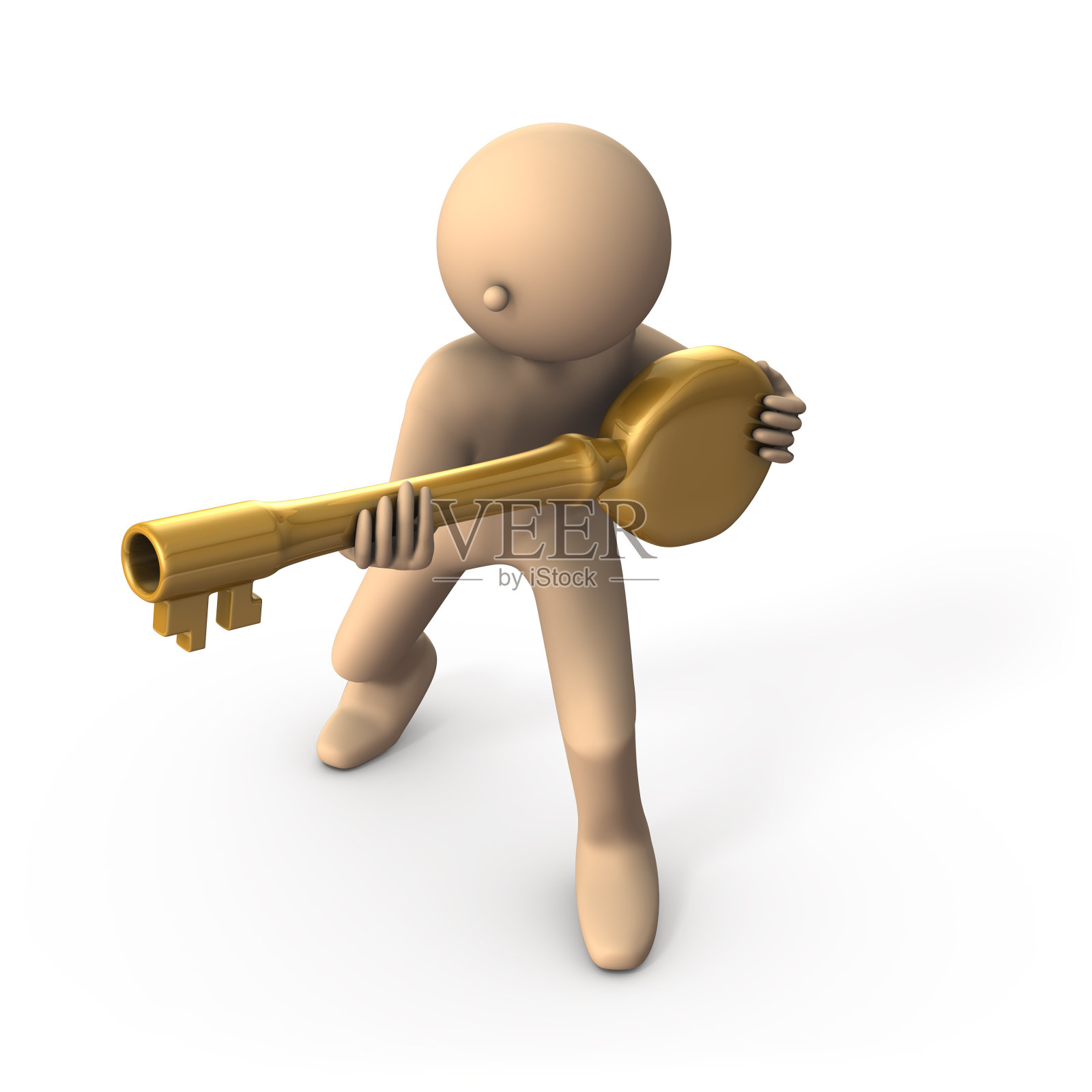 性格与一个大的关键。他试图揭露秘密。白色背景。3 d演示。照片摄影图片