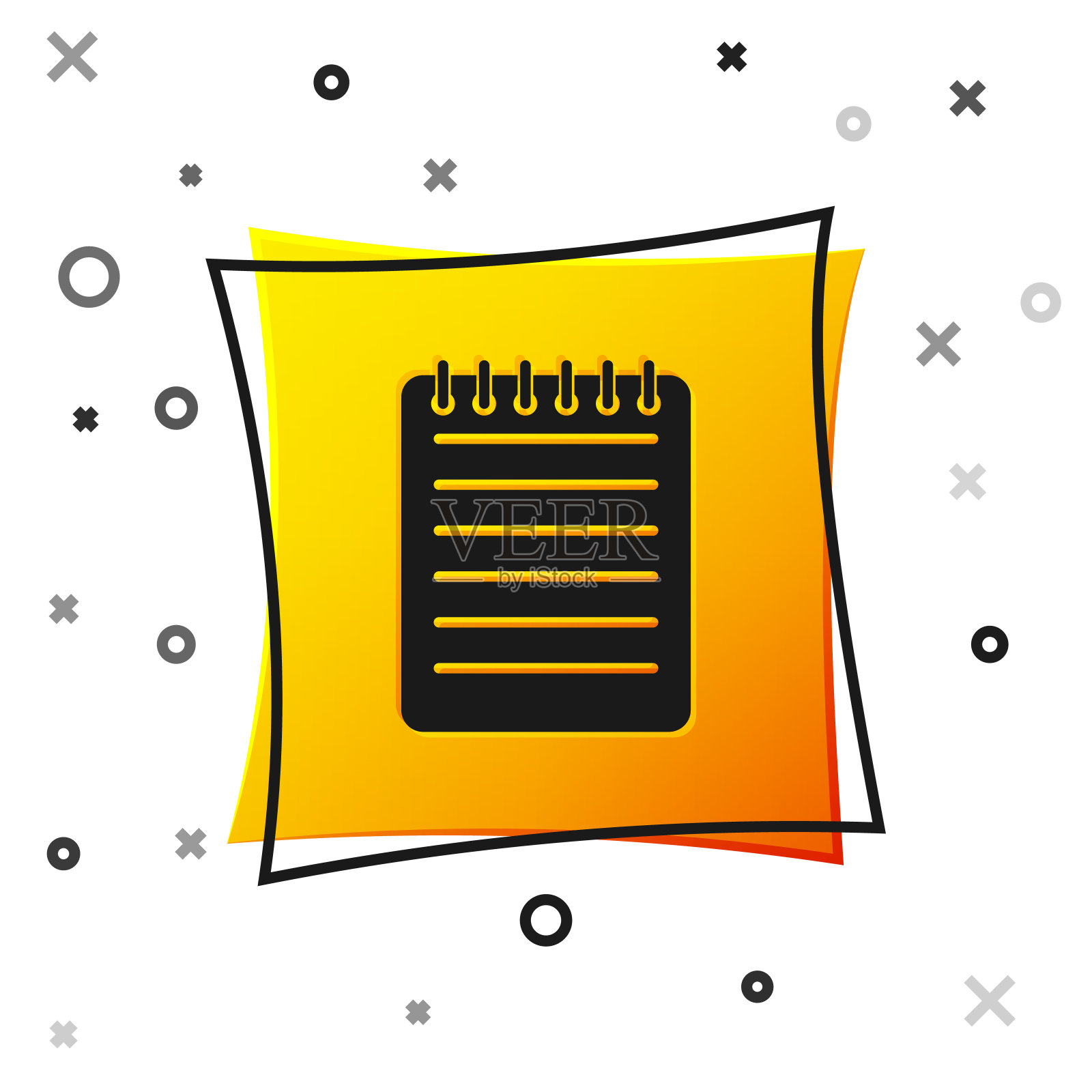 黑色笔记本图标孤立的白色背景。螺旋记事本图标。书写纸。对商业的日记。笔记本的封面设计。办公文具用品。黄色正方形按钮。矢量图图标素材