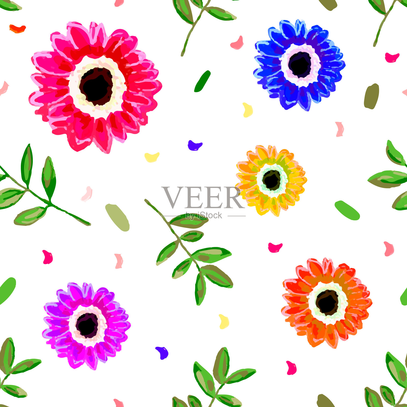 无缝重复图案与手绘花花朵在白色的背景。手绘矢量插图的织物,贺卡,包装纸插画图片素材