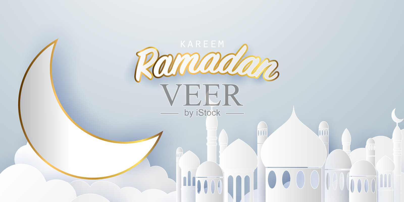 斋月kareem 2019背景。剪纸矢量插图清真寺和月亮,为文本贺卡和旗帜的地方插画图片素材