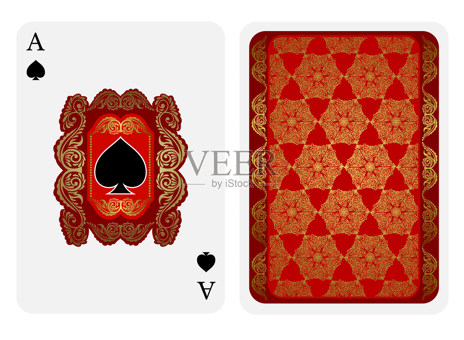 黑桃面与黑桃内花方形图案,背面与红色和金色图案套装。向量卡模板插画图片素材