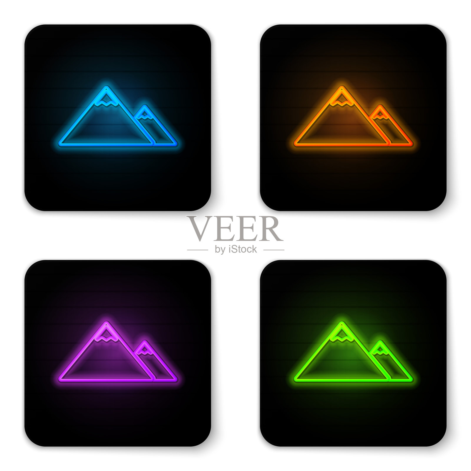 发光的霓虹灯山图标孤立的白色背景。象征胜利或成功的概念。黑色方形按钮。矢量图图标素材