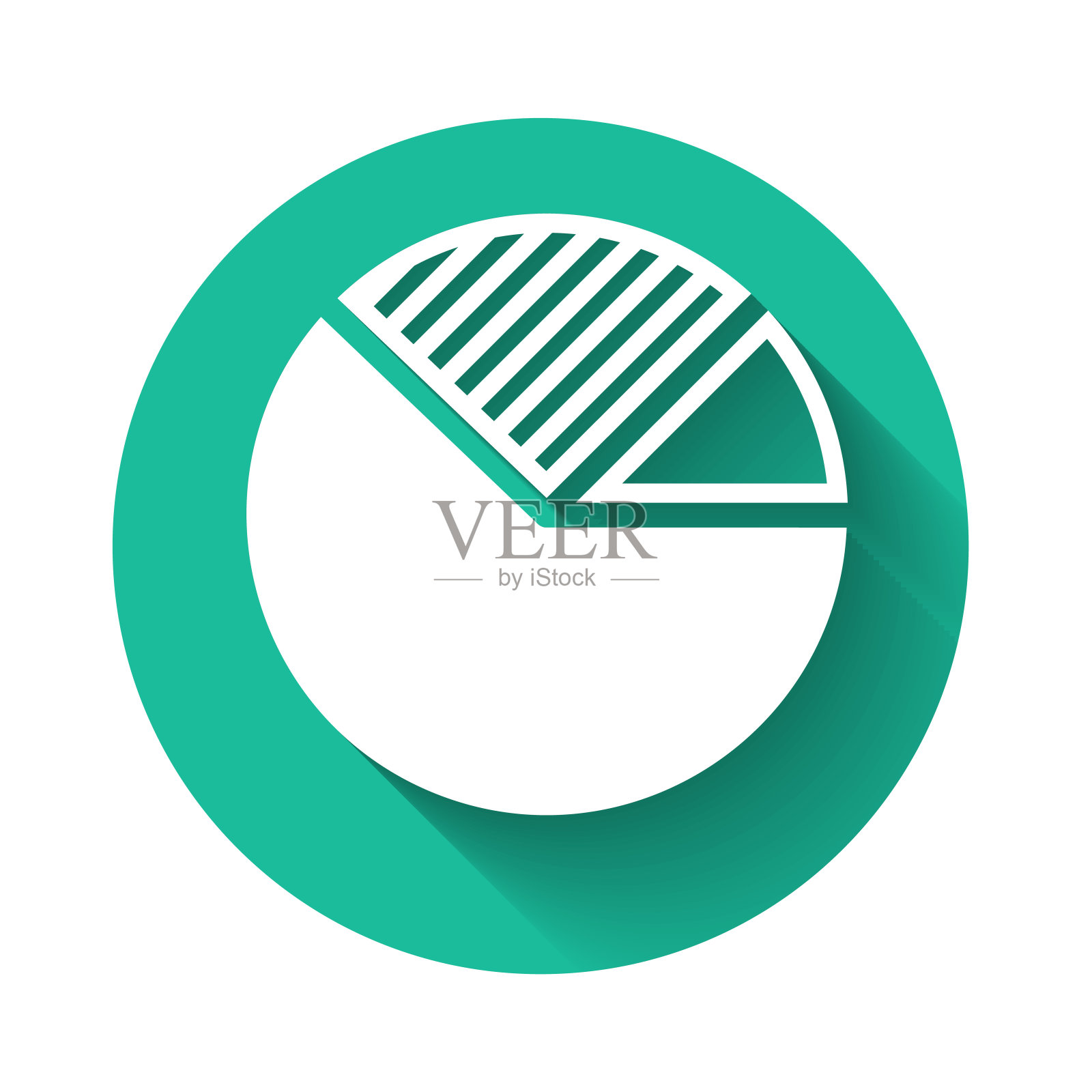 白色饼图信息图图标孤立与长阴影。图图表的迹象。绿色圆圈按钮。矢量图图标素材
