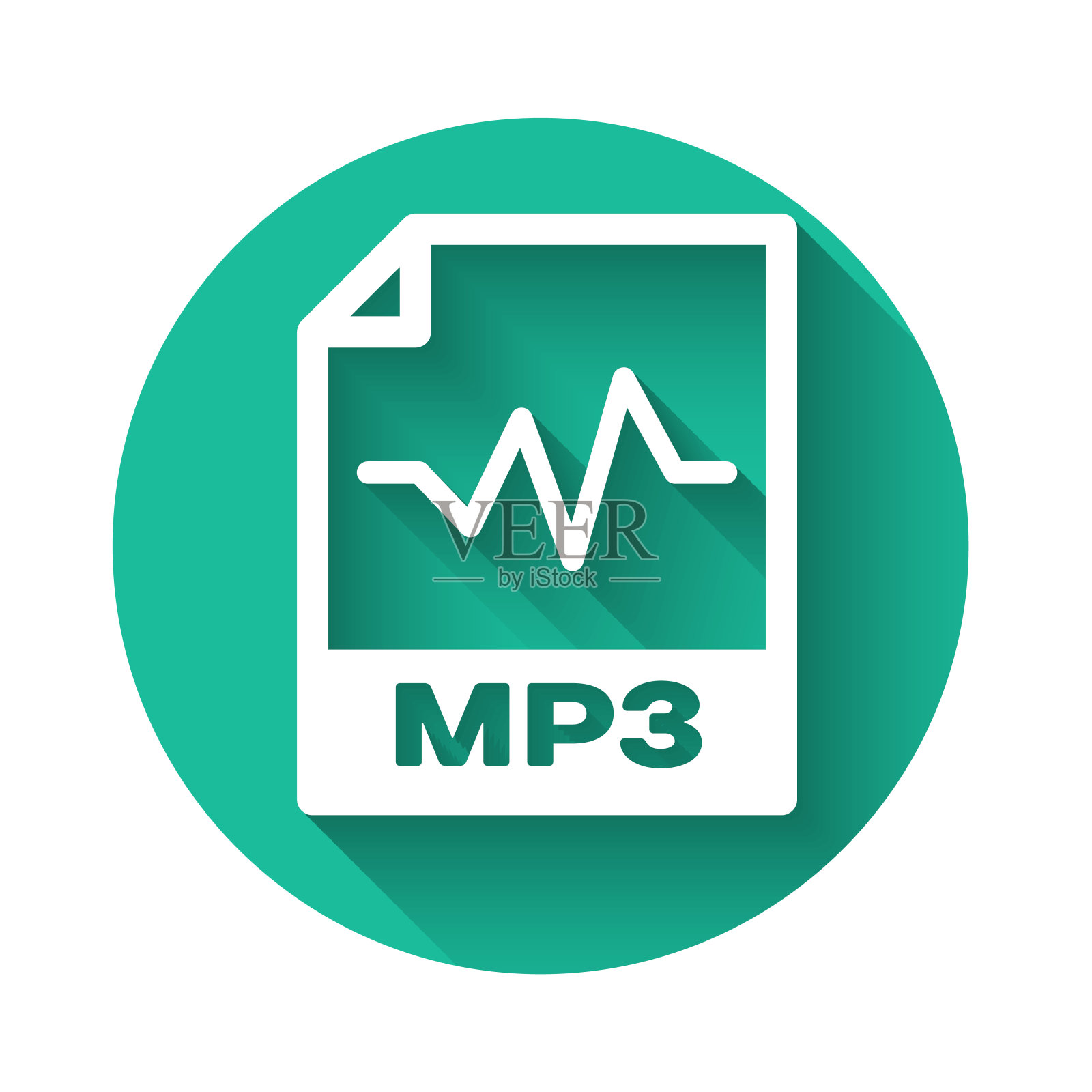 白色MP3文件文档图标。下载mp3按钮图标孤立与长阴影。Mp3音乐格式标志。MP3文件的象征。绿色圆圈按钮。矢量图插画图片素材