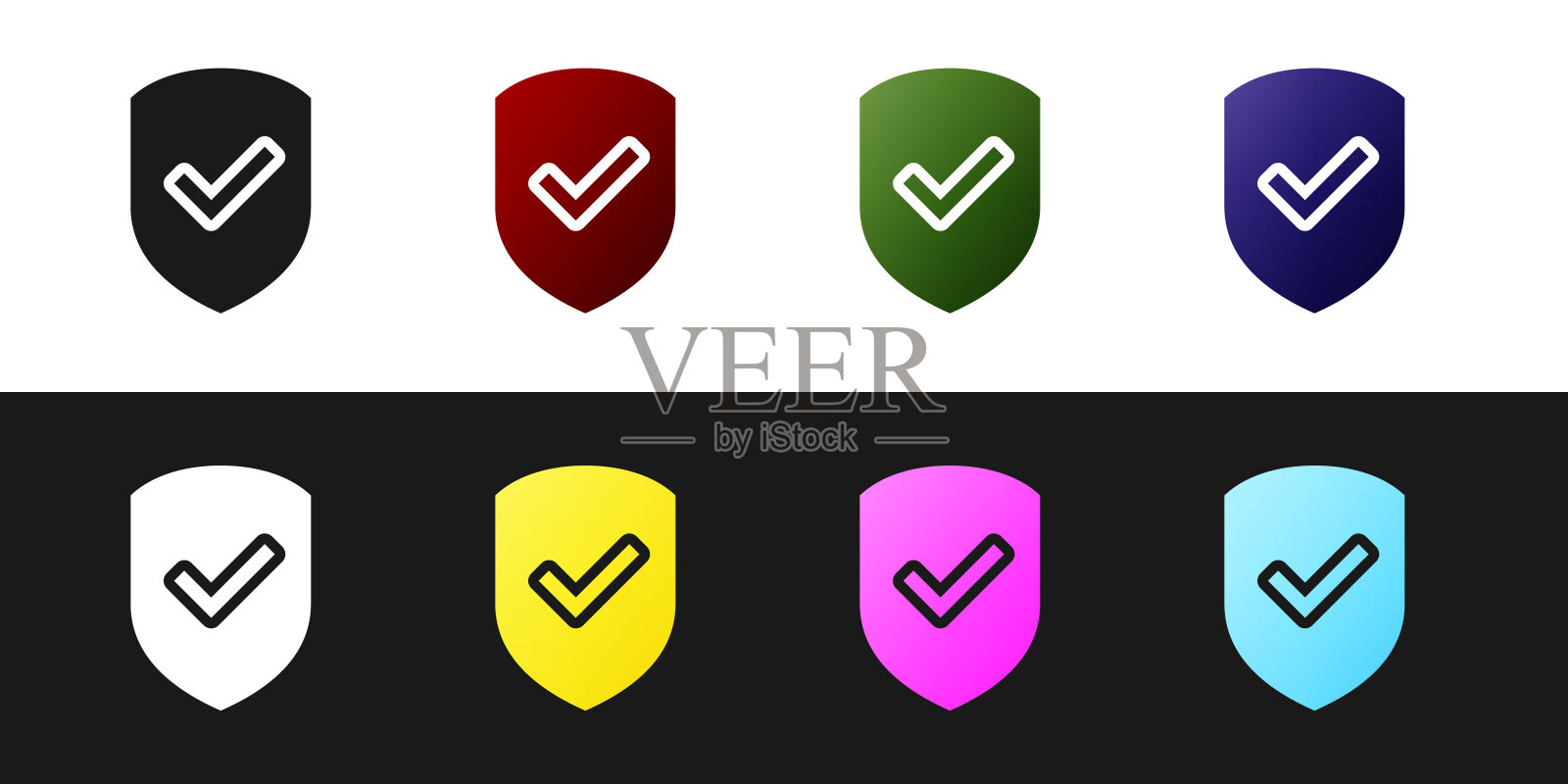 设置屏蔽与复选标记图标隔离在黑色和白色背景。保护的象征。安全检查图标。标记认可的图标。矢量图图标素材