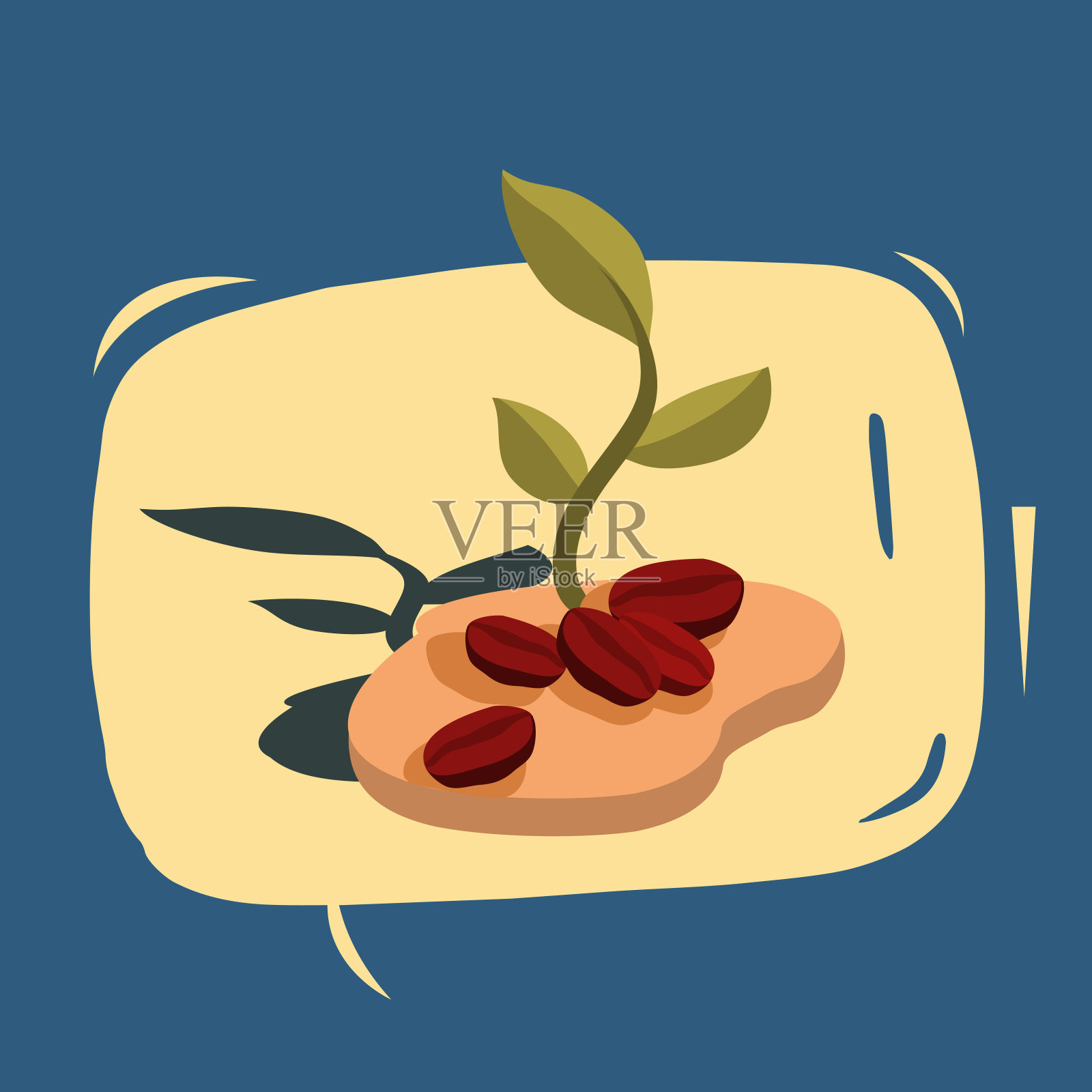 咖啡在椭圆形框架,咖啡豆,分支与叶子和浆果,咖啡颗粒和叶子-插图设计元素图片