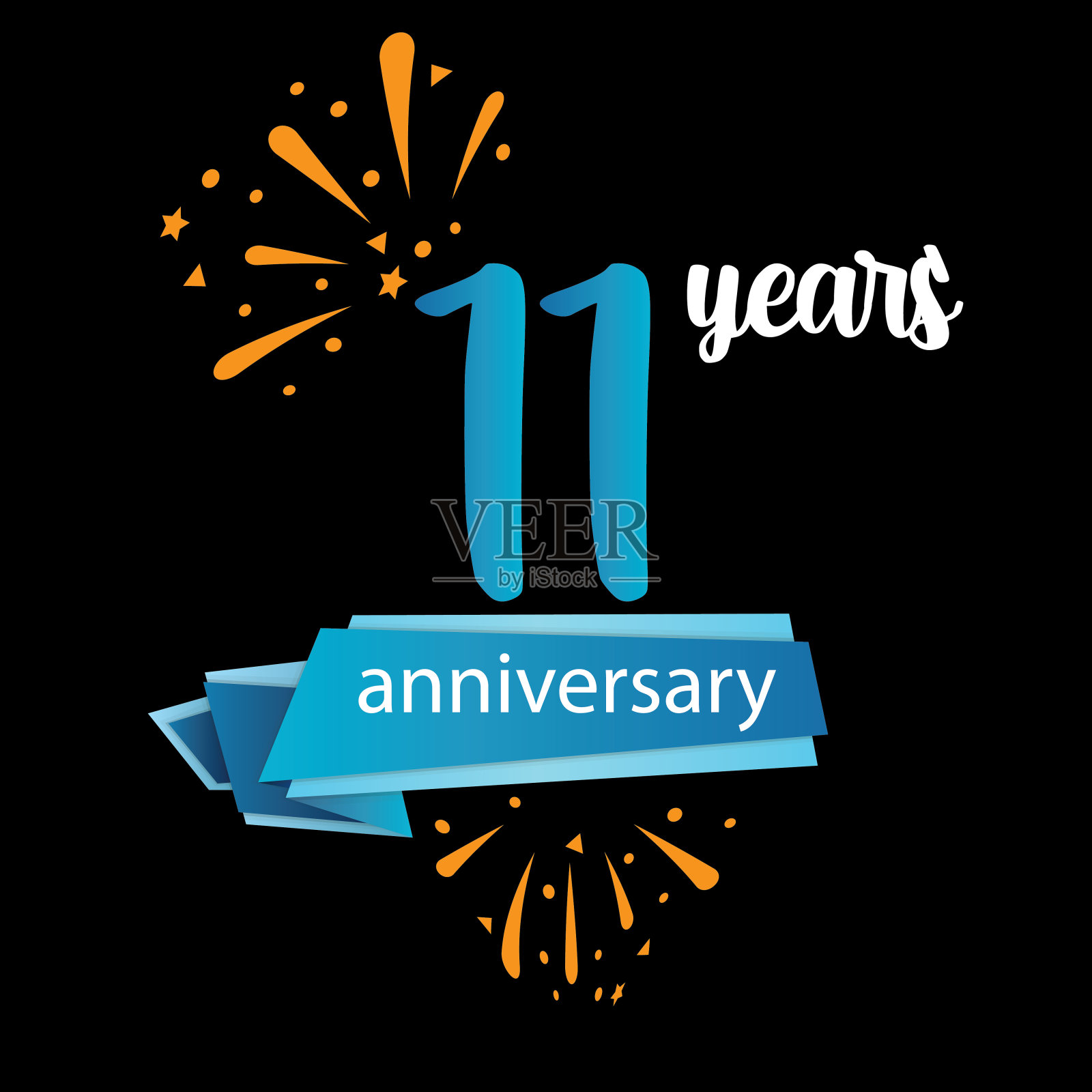 11周年象形图标,周年生日标志标签。矢量插图。隔离在黑色背景-矢量插画图片素材