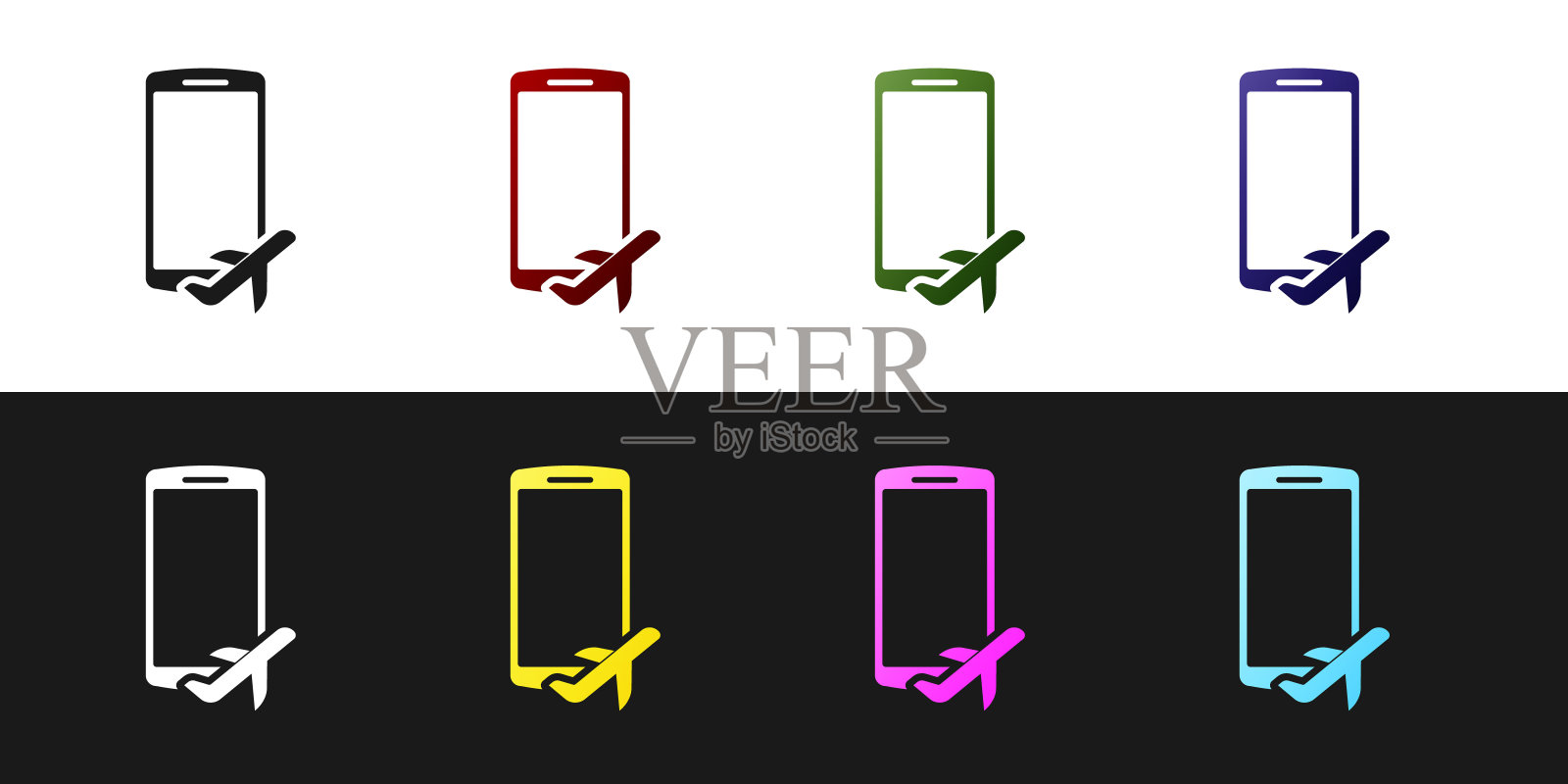 设置飞行模式在手机图标孤立的黑白背景。飞机或飞机离线飞行方式旅客管制航线。矢量图图标素材