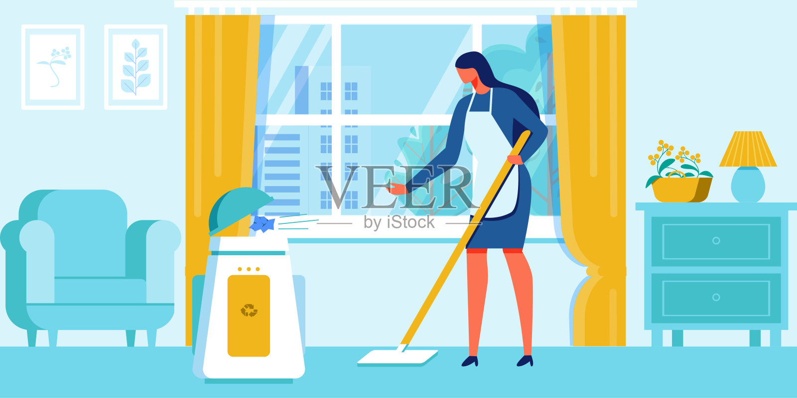 女人在家中将垃圾放入回收箱插画图片素材