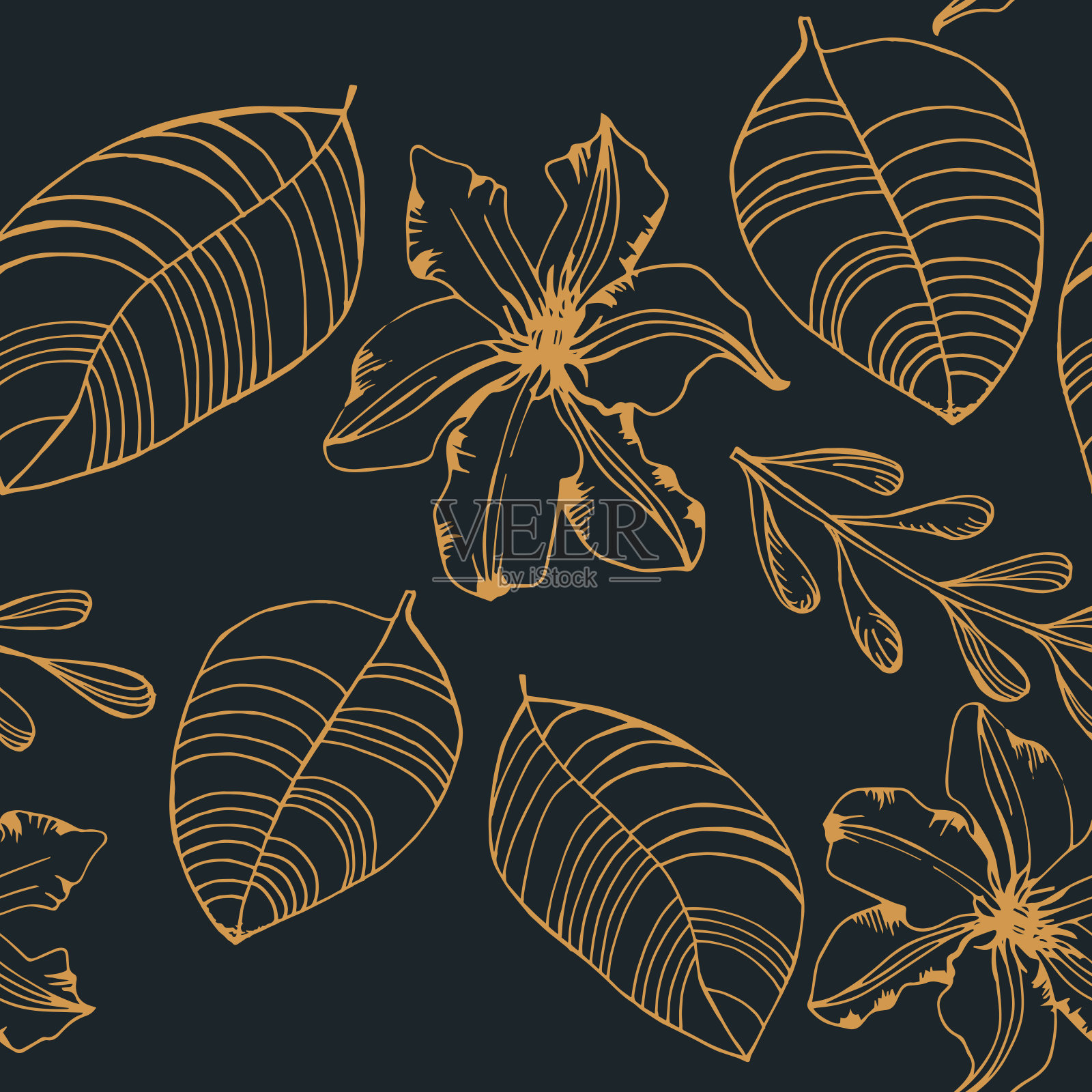 无缝花卉图案花卉和热带棕榈叶手绘素描插画图片素材