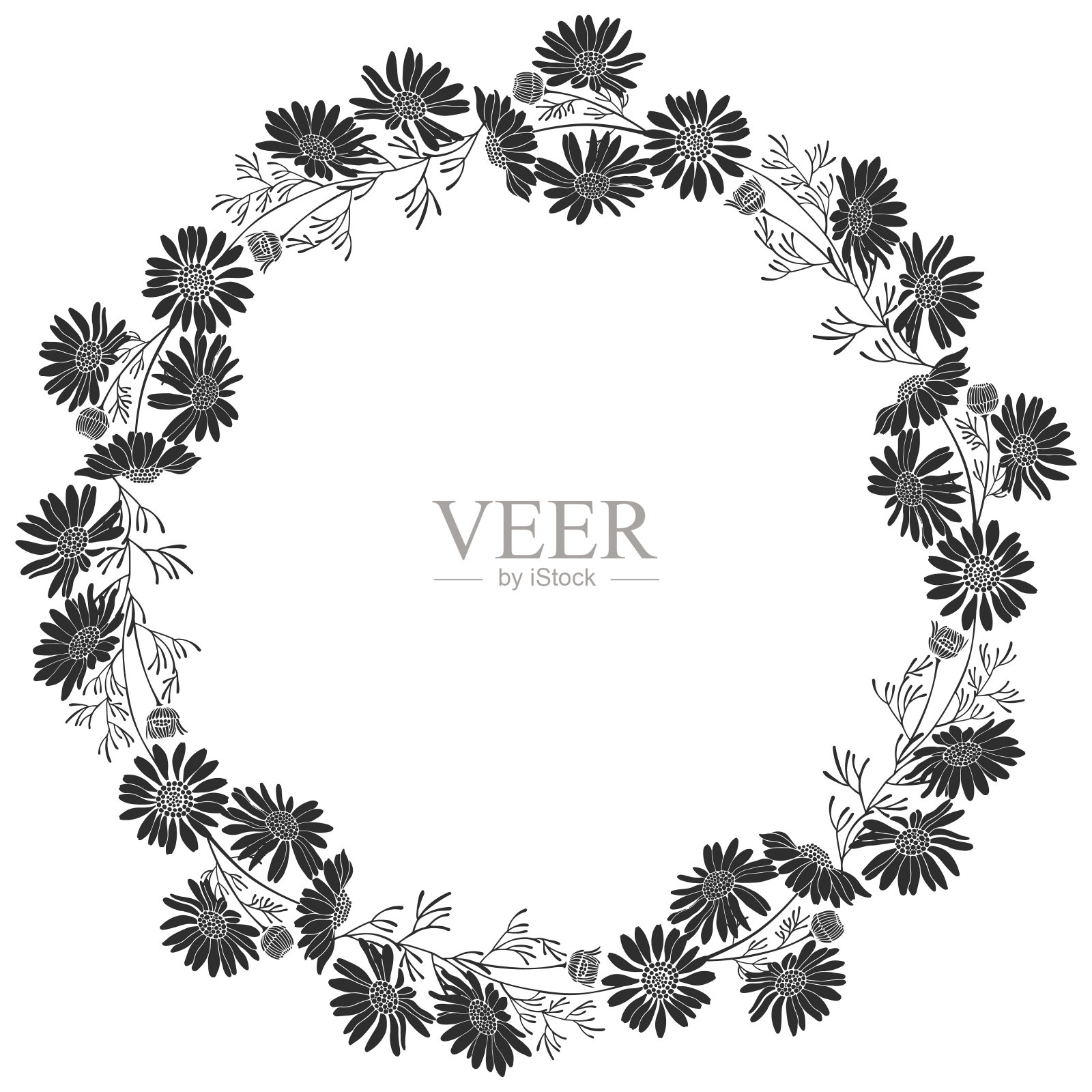 洋甘菊花环。白色背景上的花卉圆形框架。矢量插图与文本的地方。邀请函,贺卡或你的设计元素。插画图片素材
