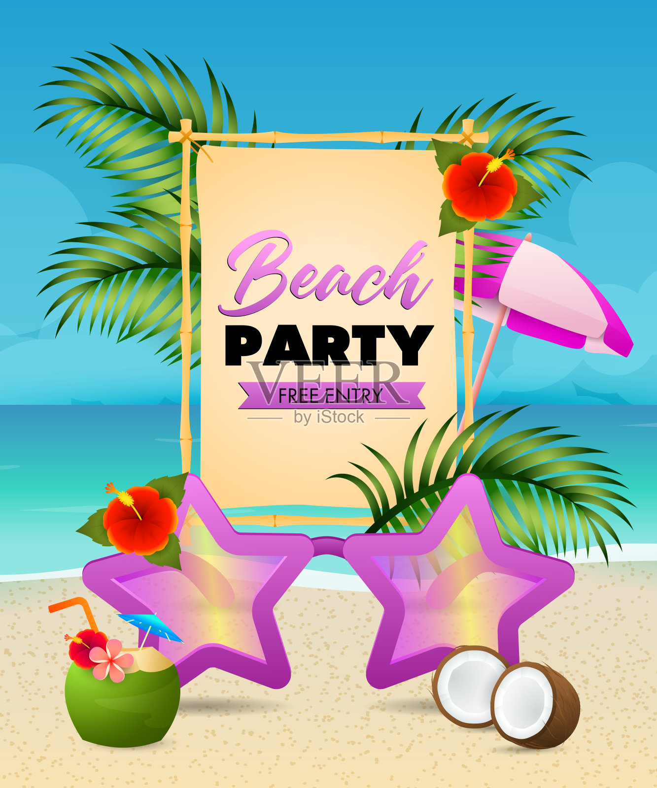 沙滩派对上的字,星形太阳镜,椰子鸡尾酒插画图片素材