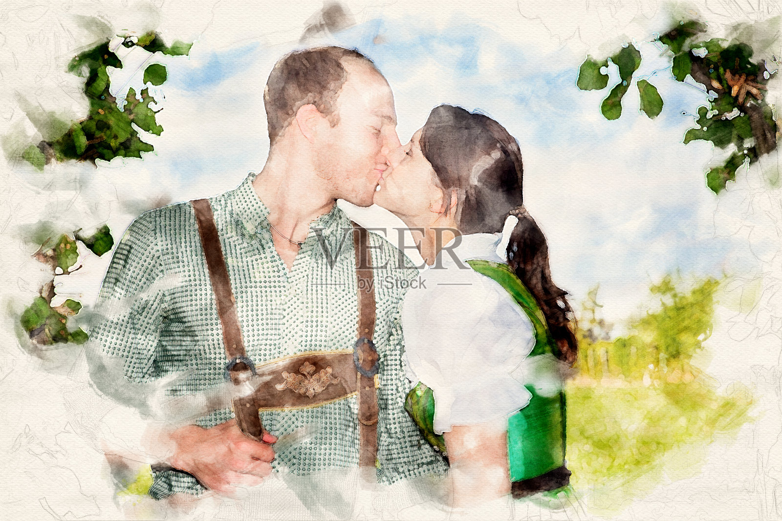 穿着巴伐利亚传统服装的情侣们用水彩画亲吻对方照片摄影图片