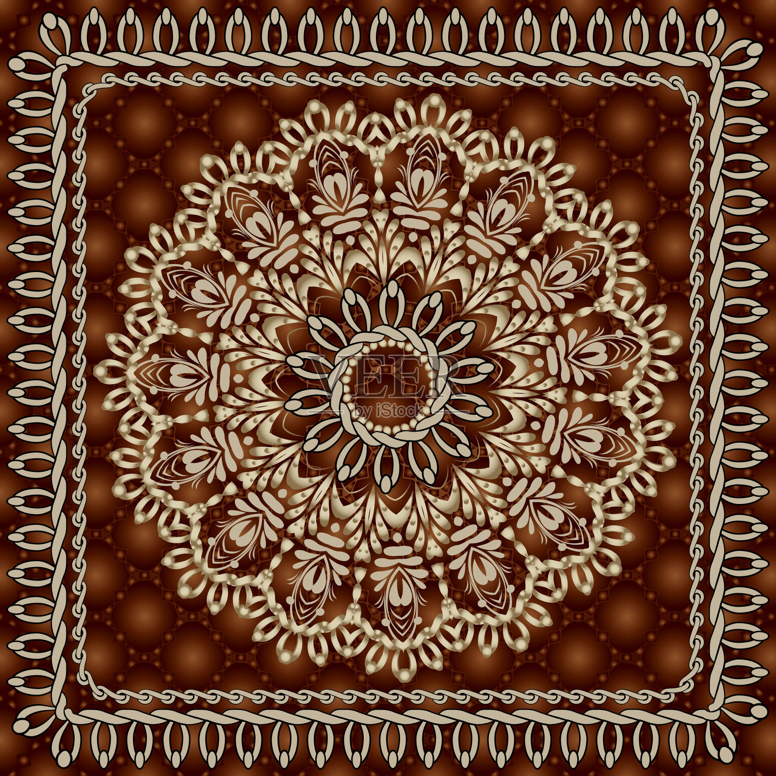 复古花圆曼陀罗无缝图案。表面纹理装饰的深红色背景。黄金华丽的花。缝合。编织针方框。美丽典雅的民族风格点缀插画图片素材