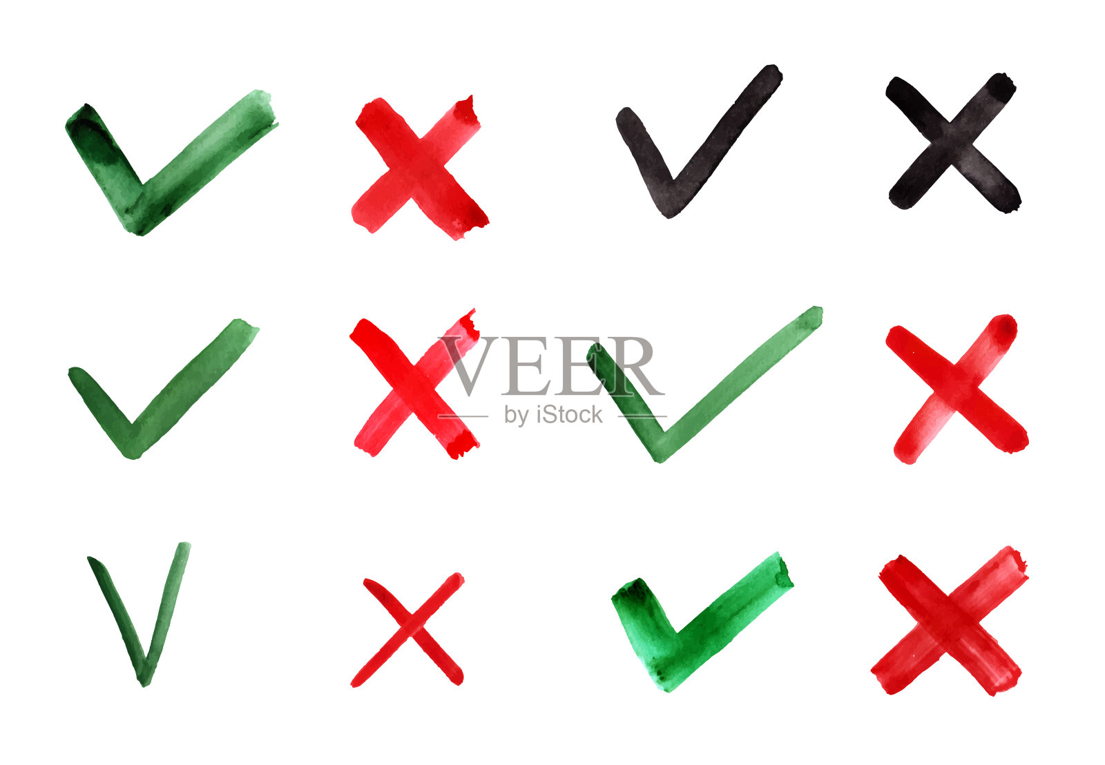 手绘的勾和十字。检查标记表示概念是和否。矢量图形元素孤立在白色背景上插画图片素材