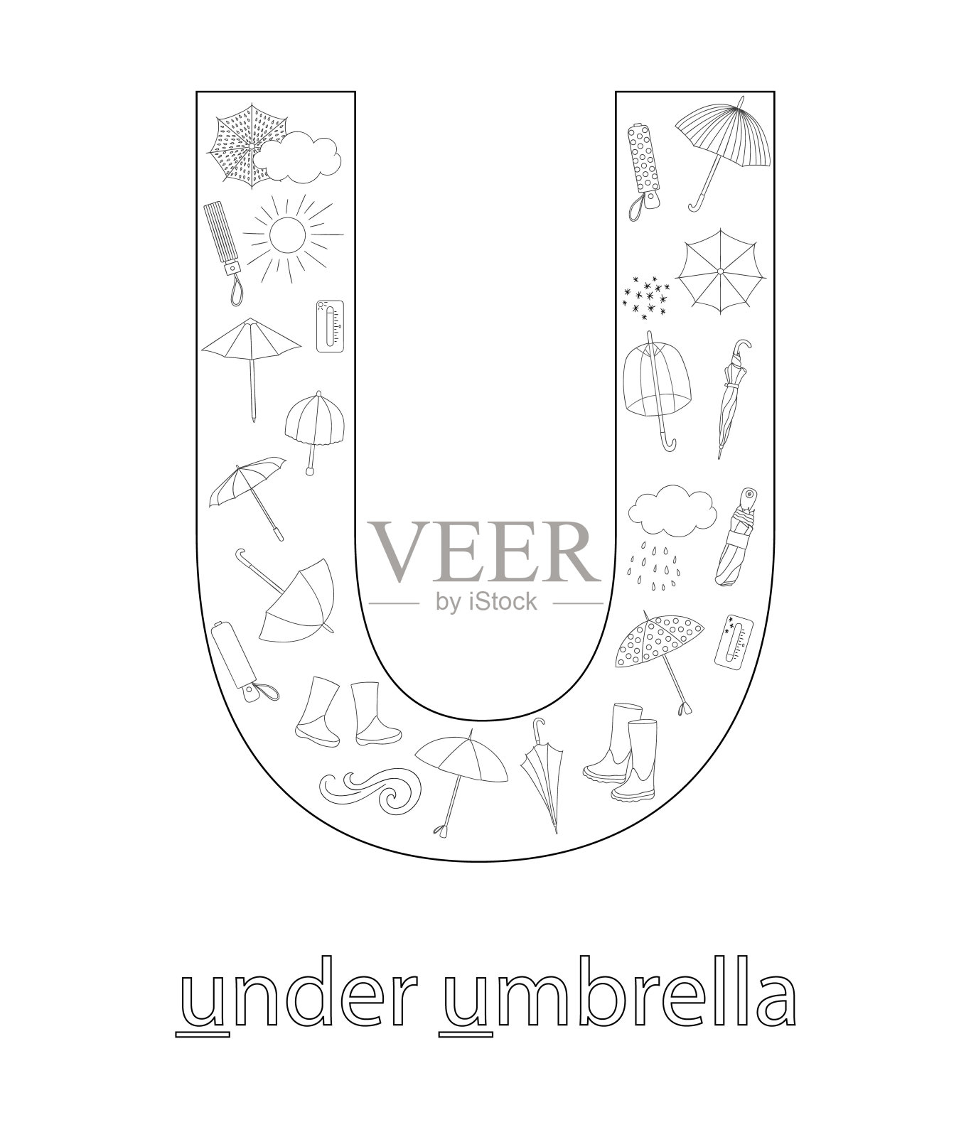黑白字母u拼音抽认卡。可爱的字母U配卡通风格的教读伞,天气元素,雨滴,云朵。儿童涂色页。插画图片素材